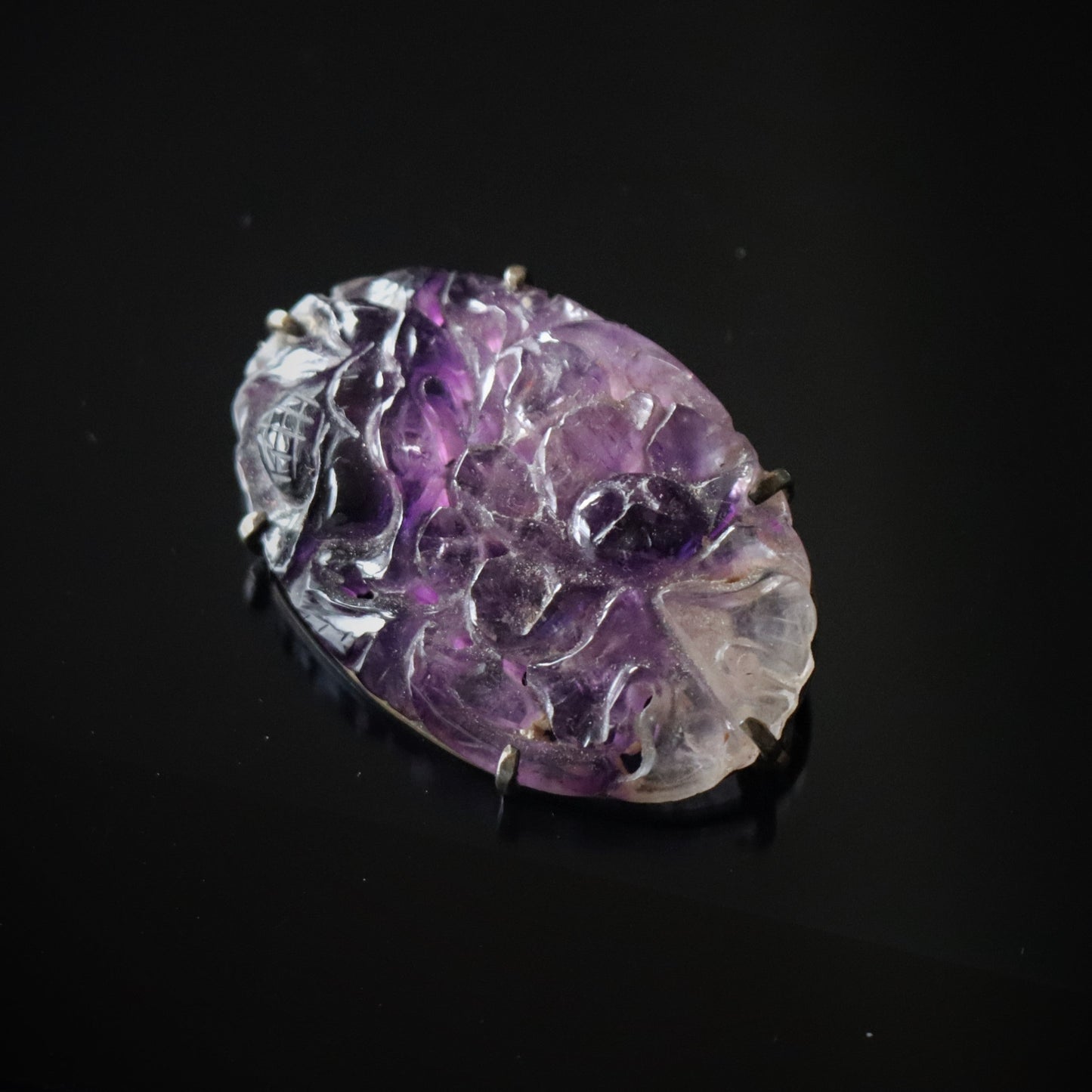 Chinese Art Nouveau era Carved Amethyst Sterling Silver Brooch c1910