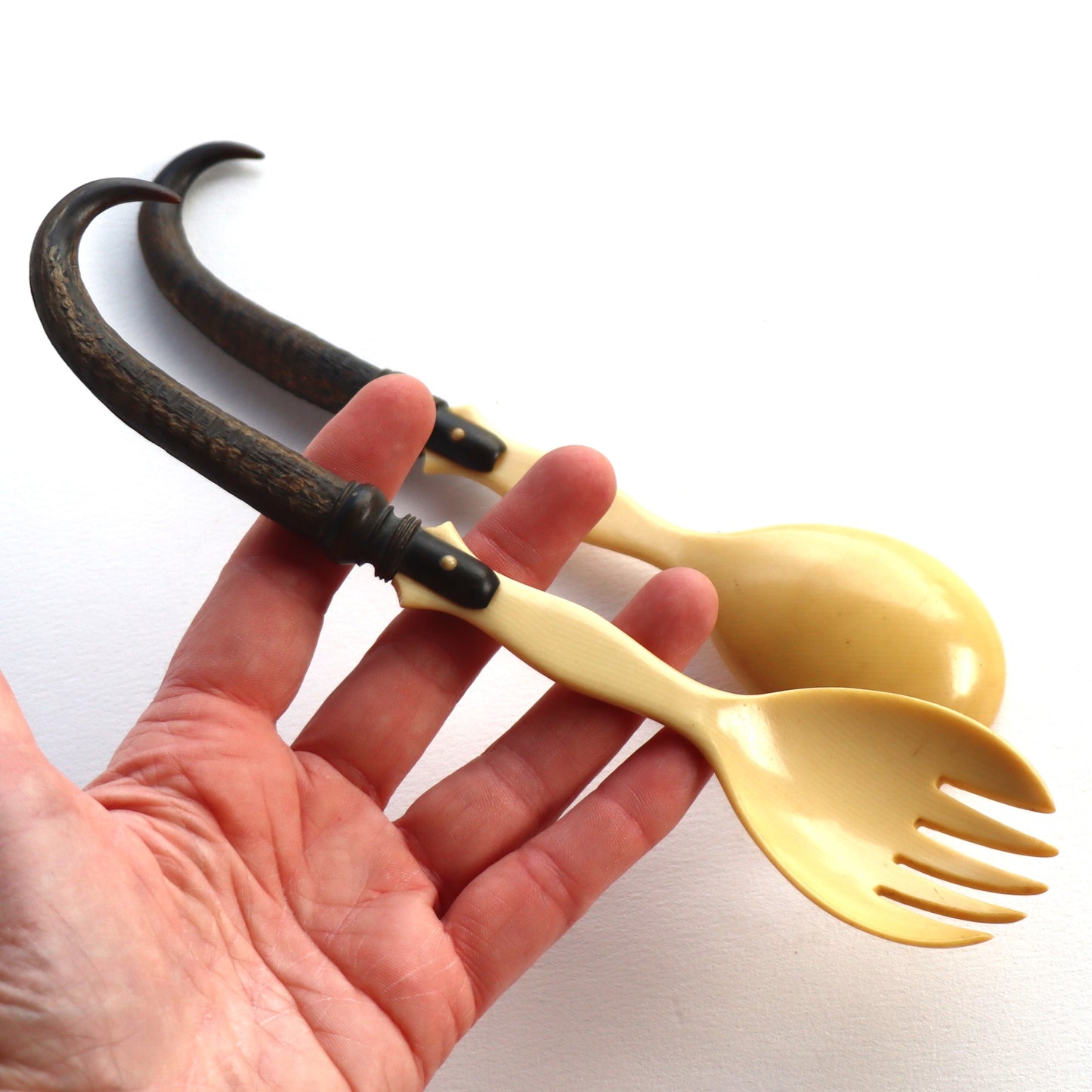Vintage Art Deco Horn and Celluloid Small Salad Servers c1930