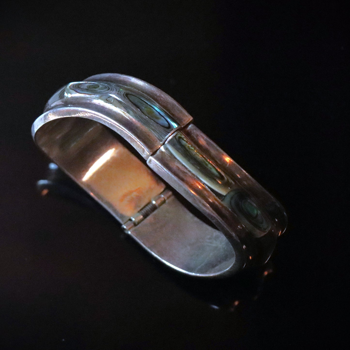 Vintage Taxco Mexico Mid Century Modern Sterling Silver Abalone Inlay Large Hinged Bracelet