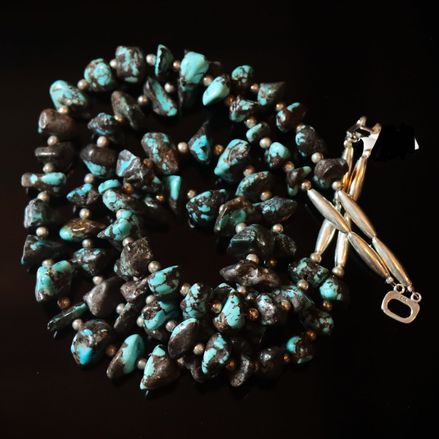 Vintage Santo Domingo Sterling Silver Turquoise Rough Polished Nugget Double Strand Necklace