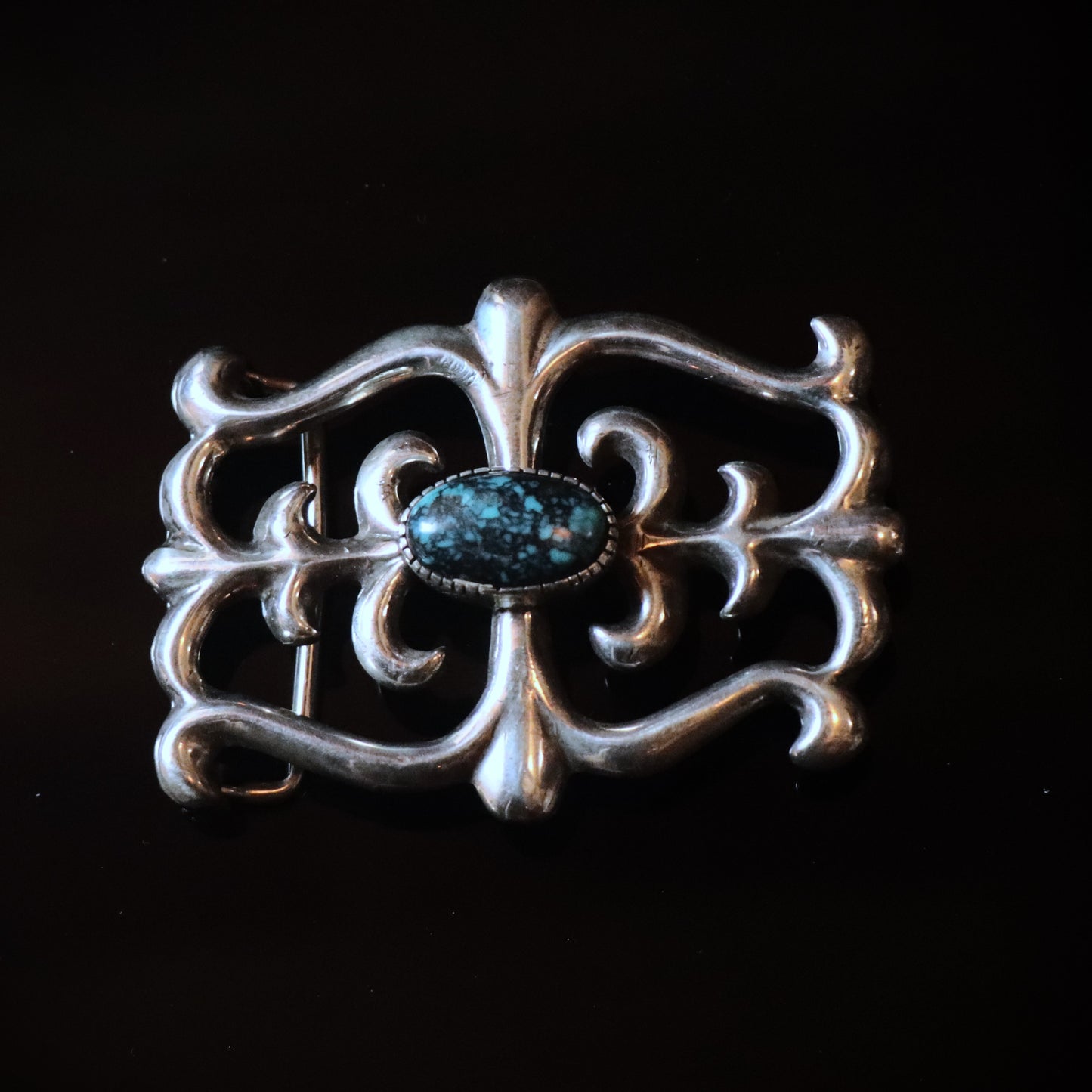 Vintage Navajo Sand Tufa Cast Sterling Silver Turquoise Signed Fred Baca Belt Buckle