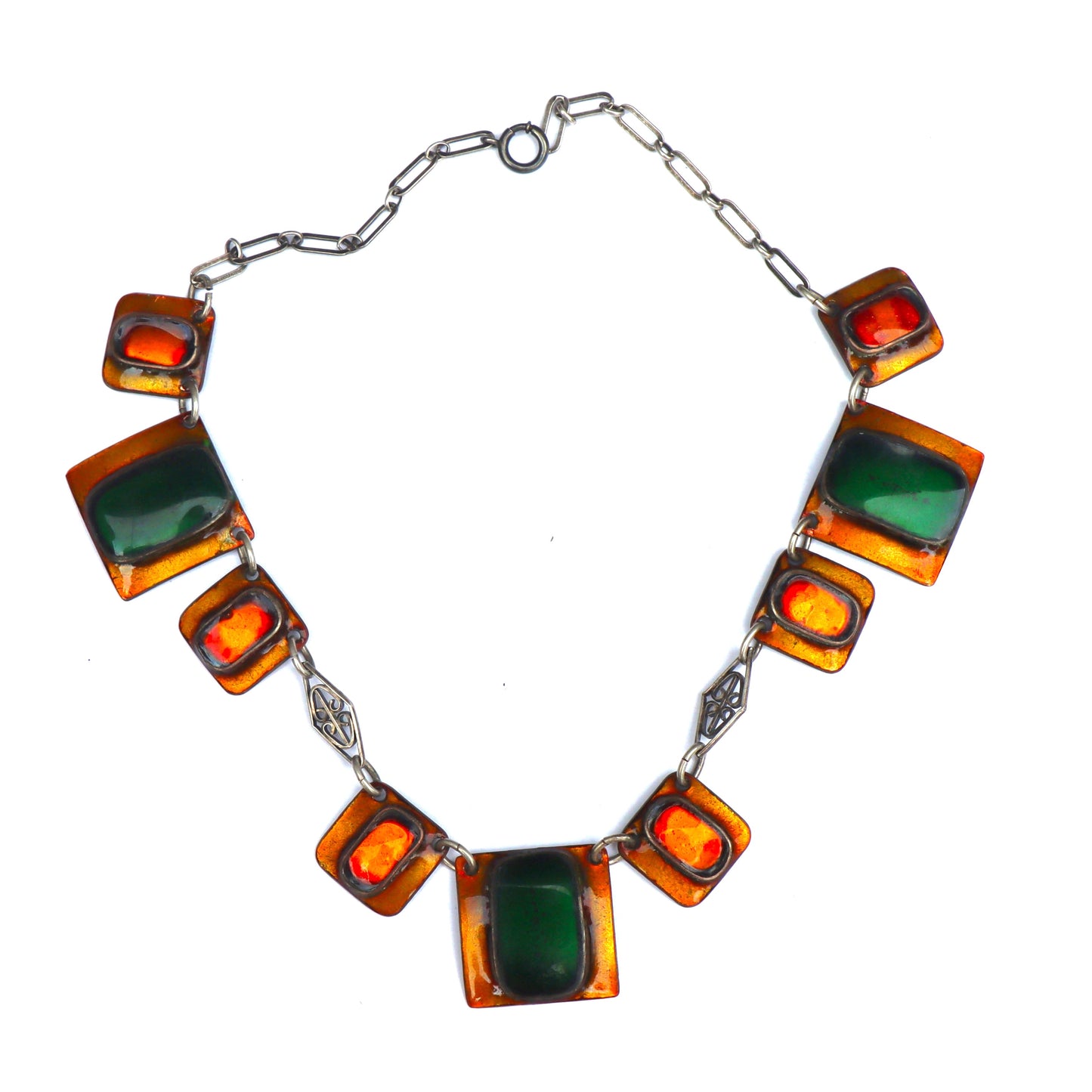Vintage Mid Century Studio Modern Copper Enamel Sterling Silver Link Collar Necklace