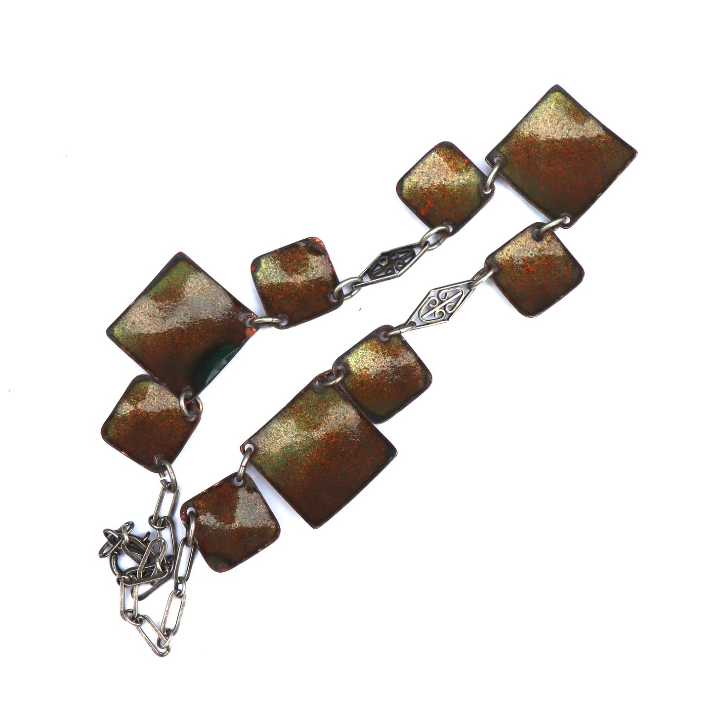 Vintage Mid Century Studio Modern Copper Enamel Sterling Silver Link Collar Necklace