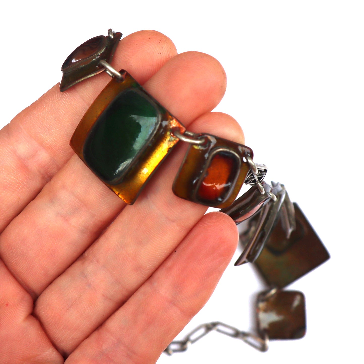 Vintage Mid Century Studio Modern Copper Enamel Sterling Silver Link Collar Necklace