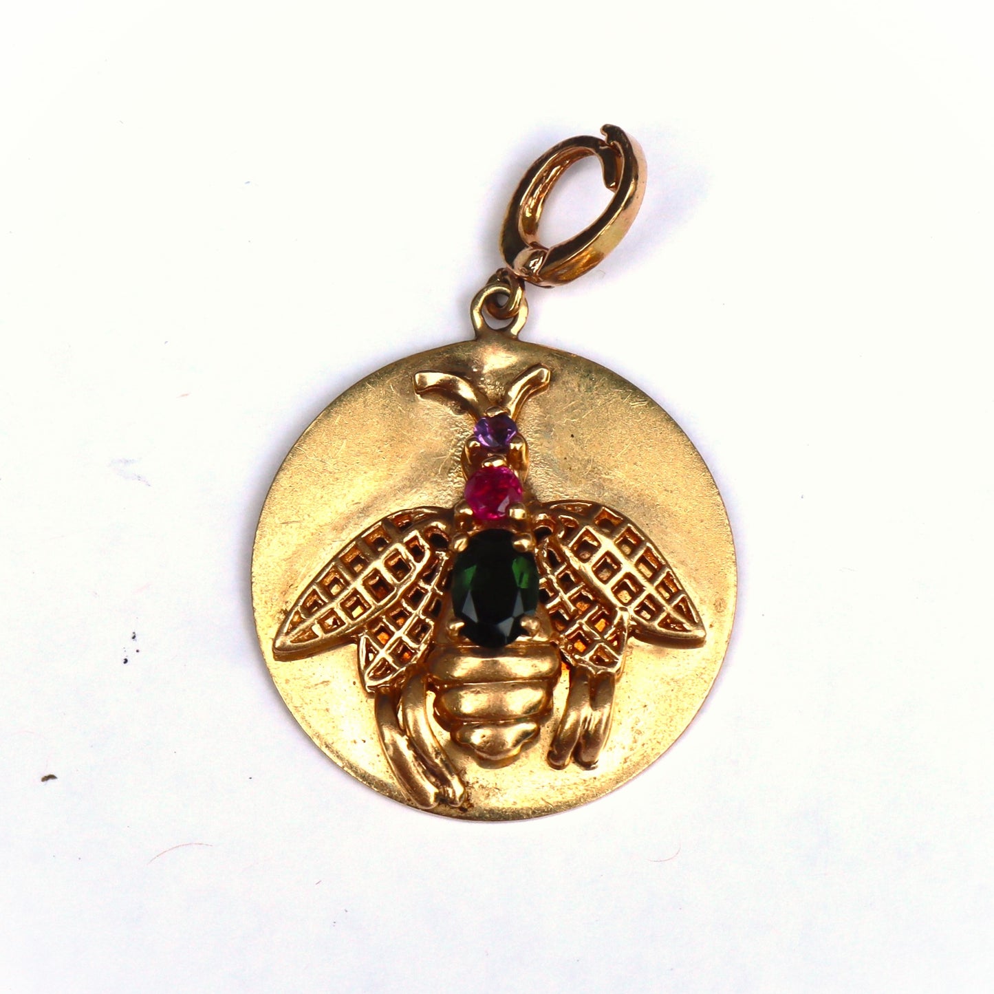 Vintage Mid Century 14k Gold Amethyst, Ruby & Tourmaline Insect Bug Pendant