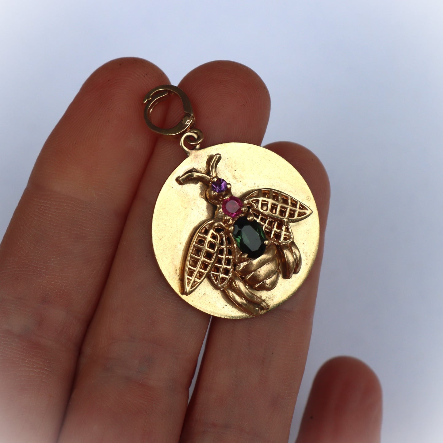 Vintage Mid Century 14k Gold Amethyst, Ruby & Tourmaline Insect Bug Pendant
