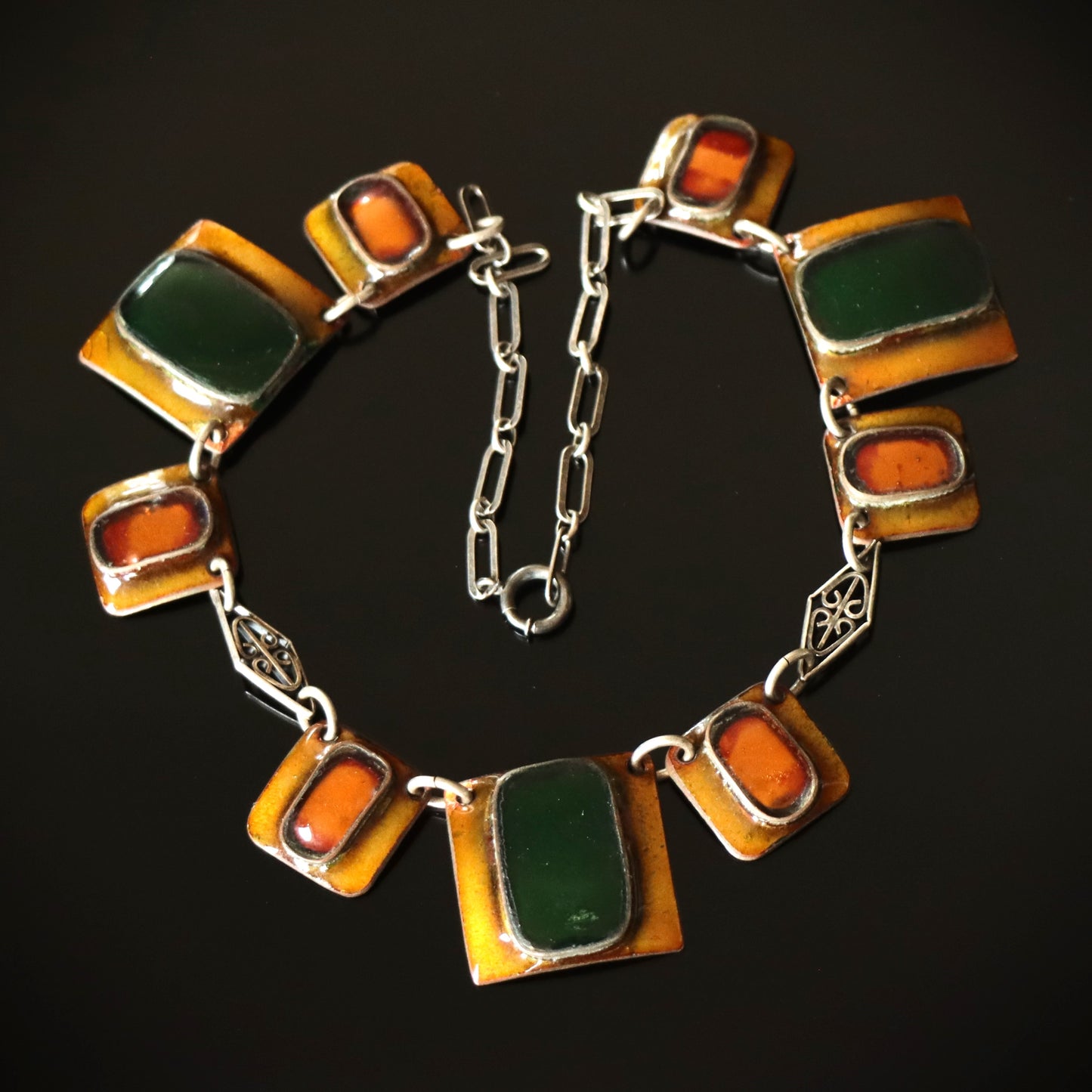 Vintage Mid Century Studio Modern Copper Enamel Sterling Silver Link Collar Necklace