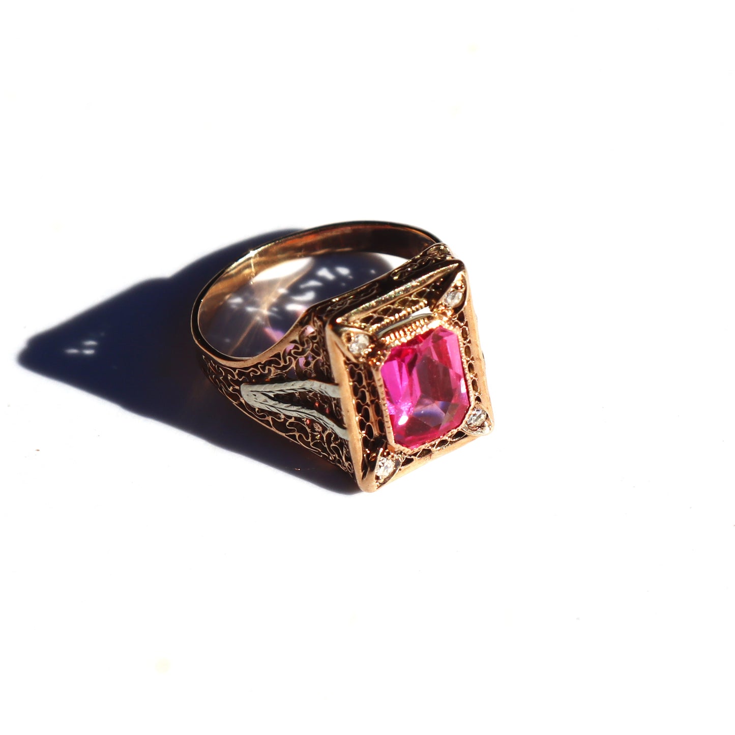 Art Nouveau c1910 Pink Corundum 14k Yellow Gold Filigree Diamond Statement Ring