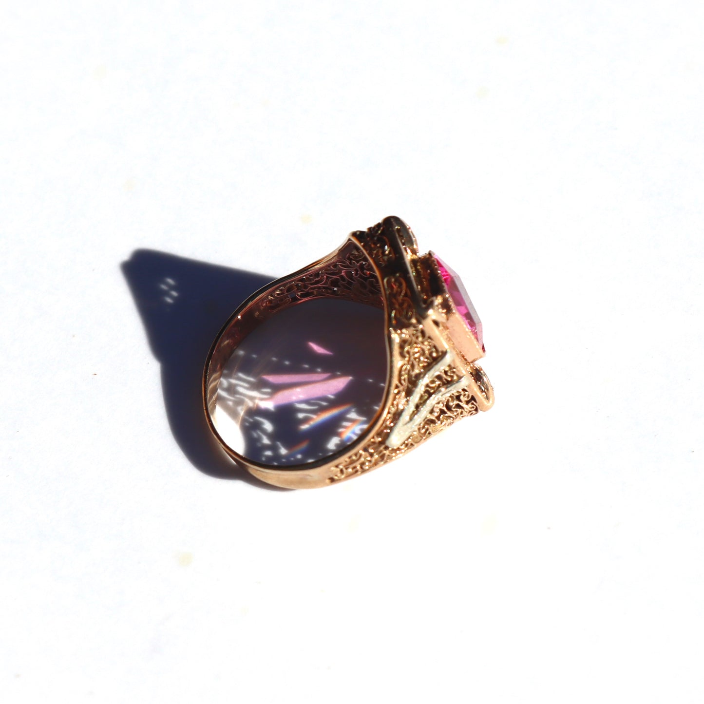 Art Nouveau c1910 Pink Corundum 14k Yellow Gold Filigree Diamond Statement Ring