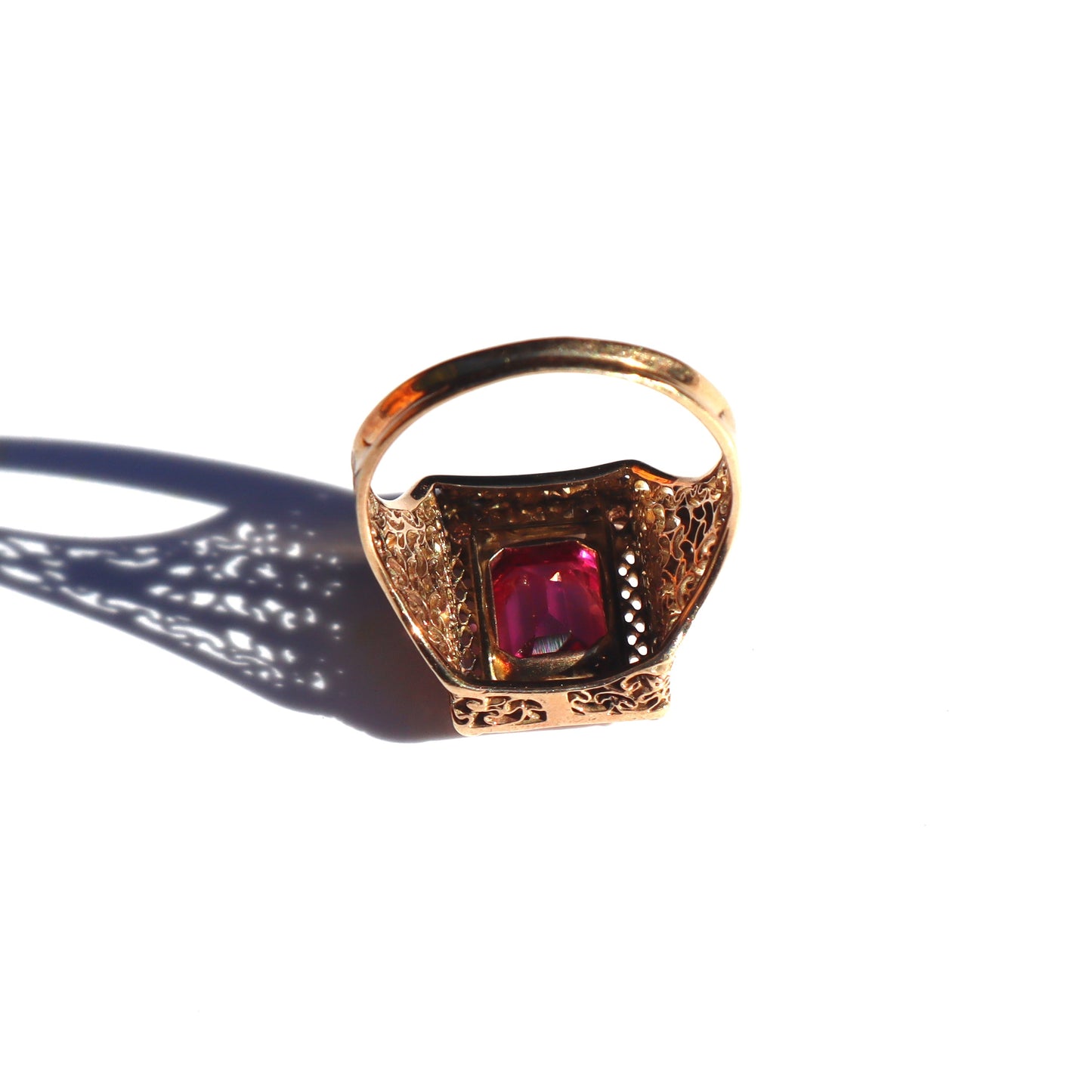 Art Nouveau c1910 Pink Corundum 14k Yellow Gold Filigree Diamond Statement Ring