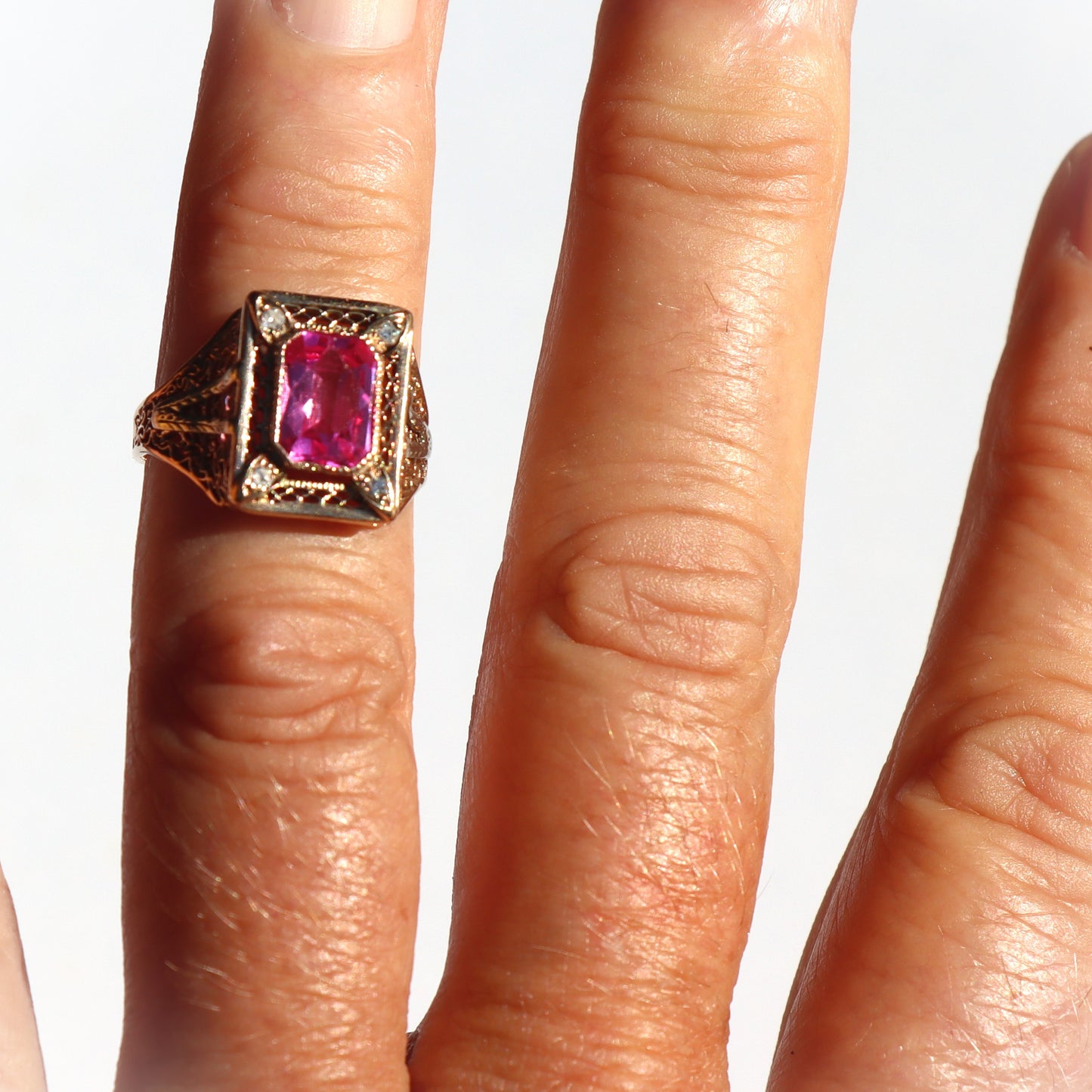 Art Nouveau c1910 Pink Corundum 14k Yellow Gold Filigree Diamond Statement Ring