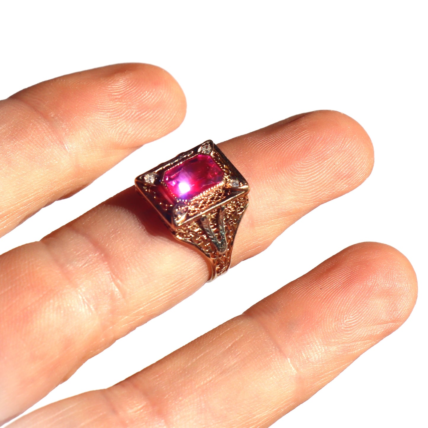 Art Nouveau c1910 Pink Corundum 14k Yellow Gold Filigree Diamond Statement Ring