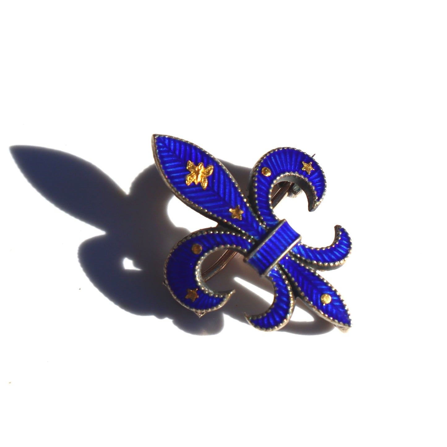 Art Nouveau Sterling Silver Cobalt Guilloche Enamel Fleur de Lis Watch Pendant Brooch