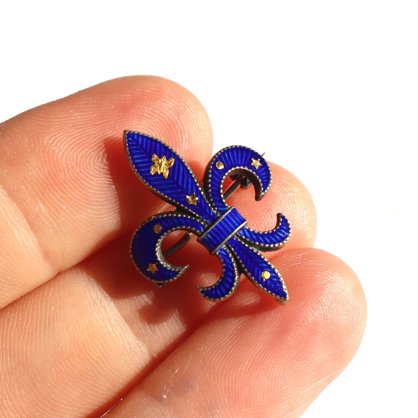 Art Nouveau Sterling Silver Cobalt Guilloche Enamel Fleur de Lis Watch Pendant Brooch