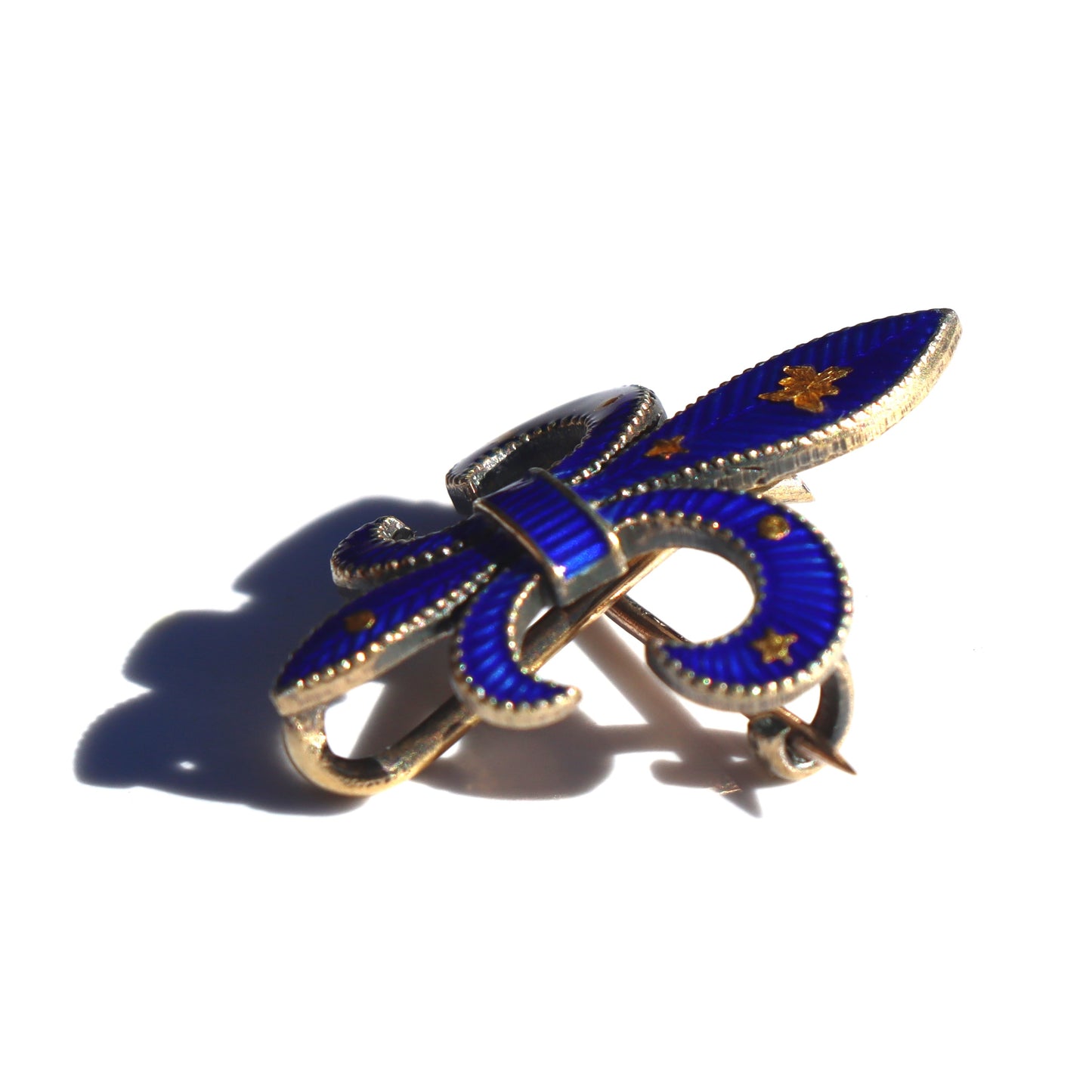Art Nouveau Sterling Silver Cobalt Guilloche Enamel Fleur de Lis Watch Pendant Brooch