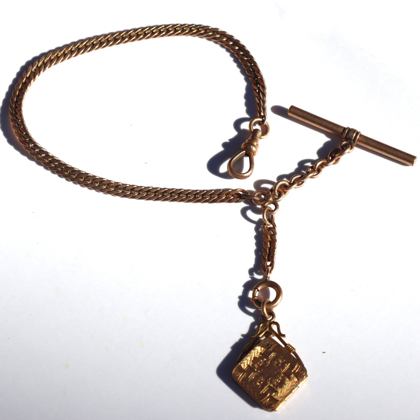 Art Deco Yellow Gold Plate Fancy Pocket Watch Chain Locket Fob Charm and T-Bar c1910-20