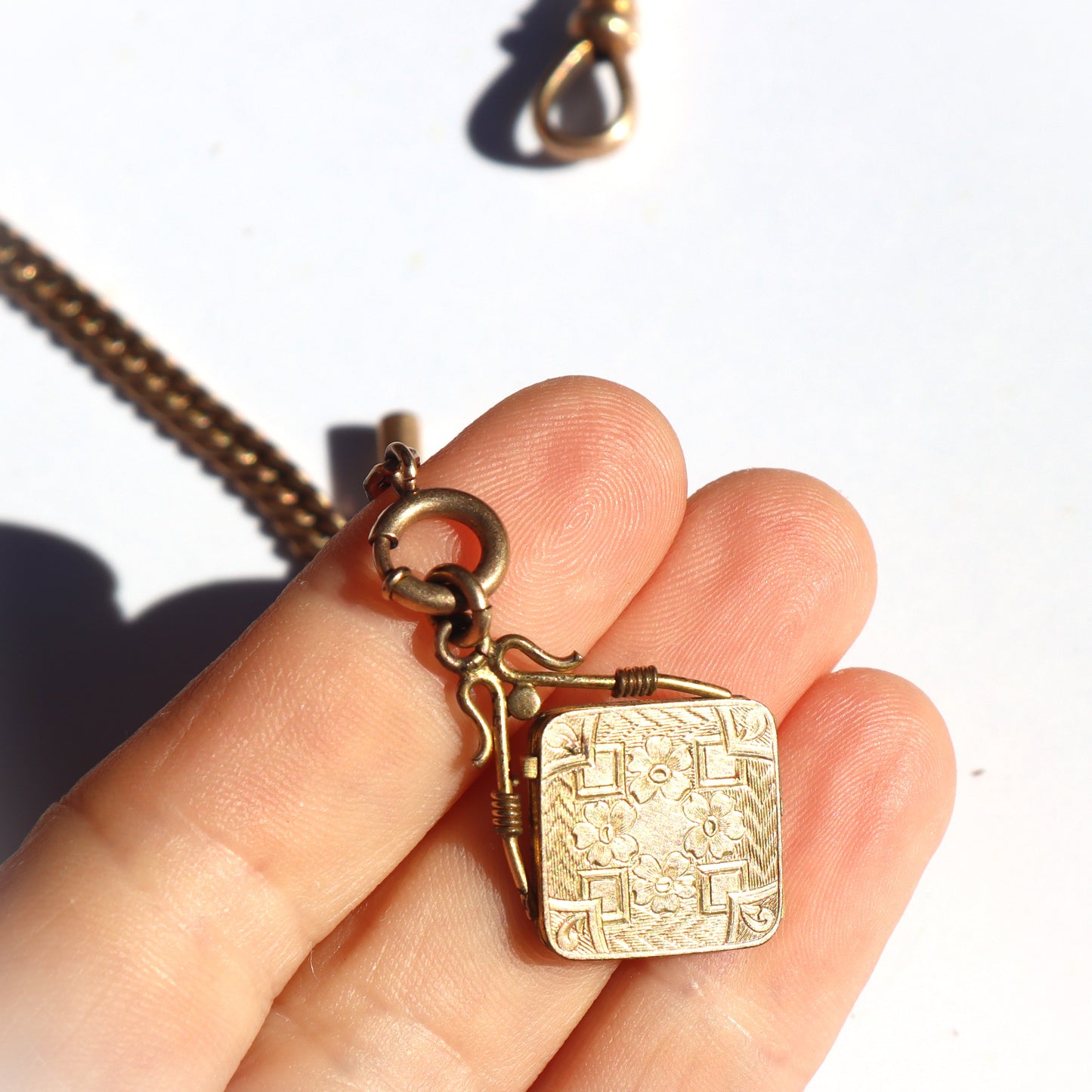 Art Deco Yellow Gold Plate Fancy Pocket Watch Chain Locket Fob Charm and T-Bar c1910-20