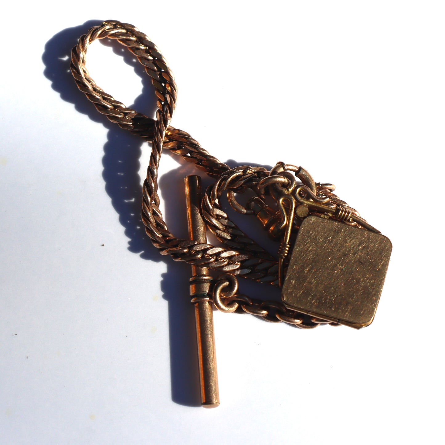 Art Deco Yellow Gold Plate Fancy Pocket Watch Chain Locket Fob Charm and T-Bar c1910-20