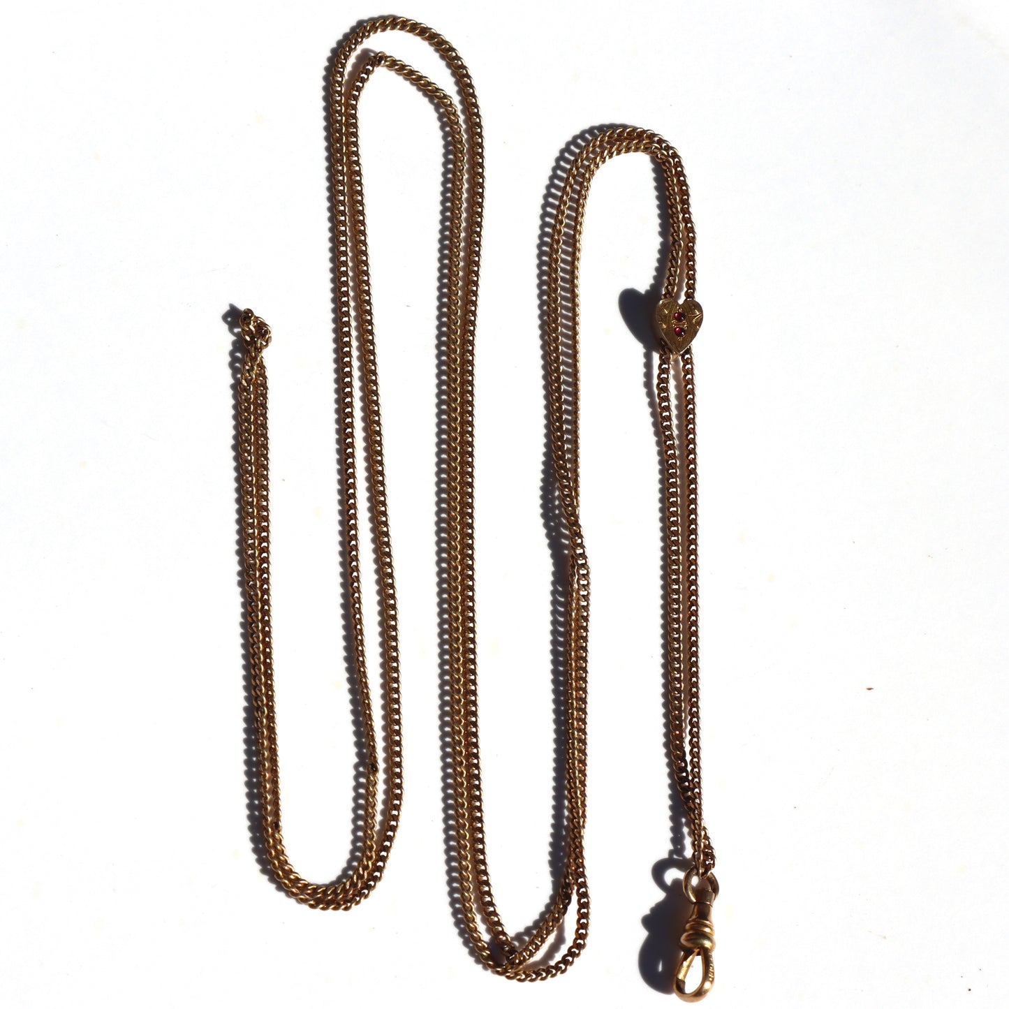 Art Nouveau Gold Plate Ladies Watch Chain with Ruby Set Heart Slide and Swivel Clasp 48"
