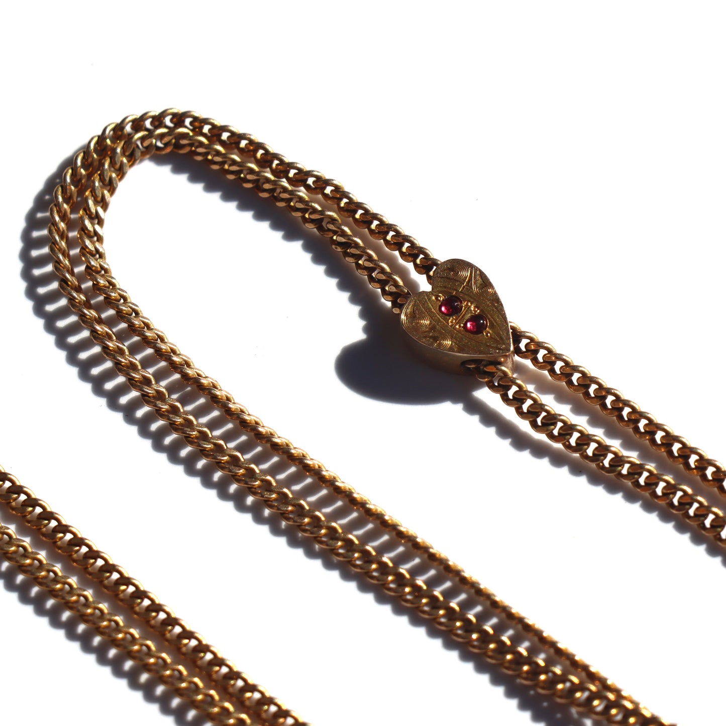 Art Nouveau Gold Plate Ladies Watch Chain with Ruby Set Heart Slide and Swivel Clasp 48"