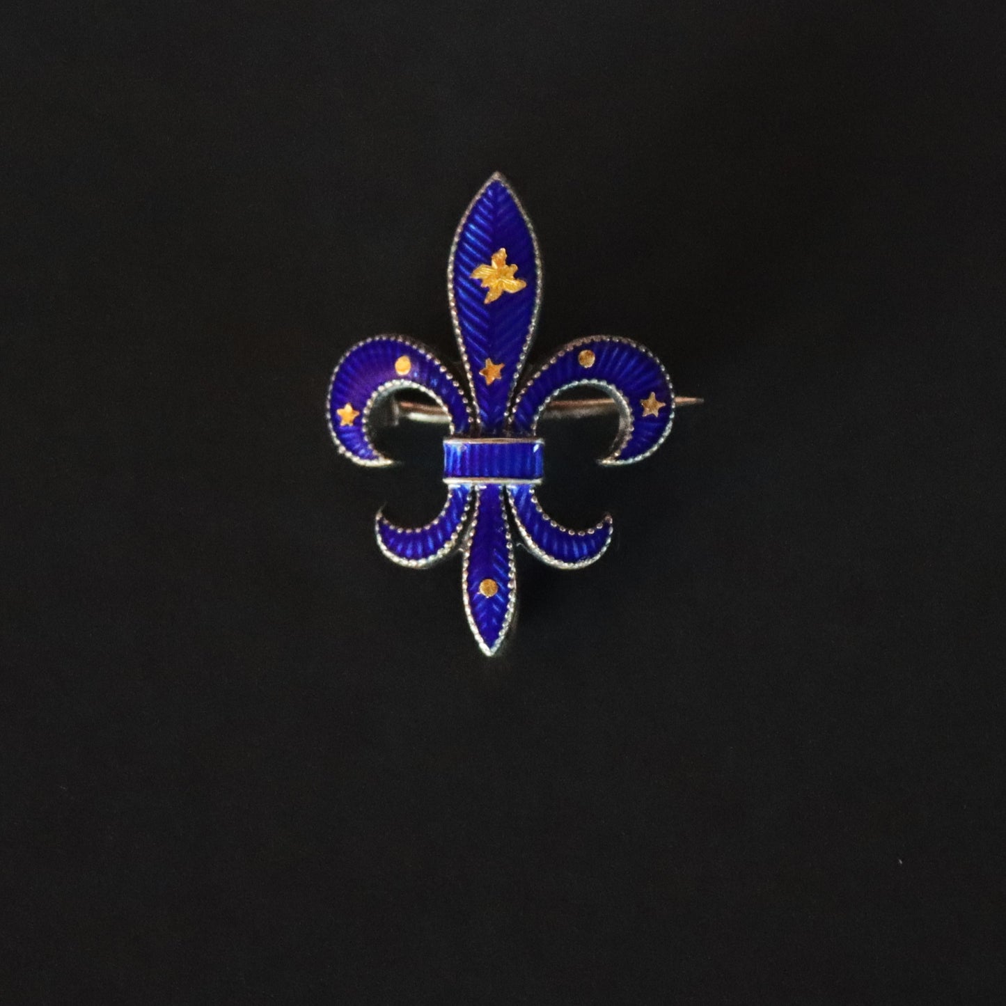 Art Nouveau Sterling Silver Cobalt Guilloche Enamel Fleur de Lis Watch Pendant Brooch