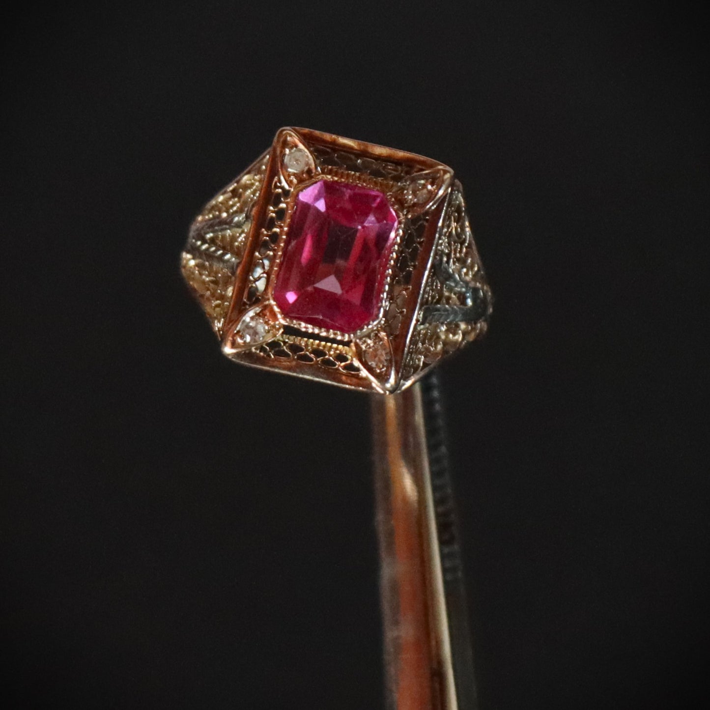 Art Nouveau c1910 Pink Corundum 14k Yellow Gold Filigree Diamond Statement Ring