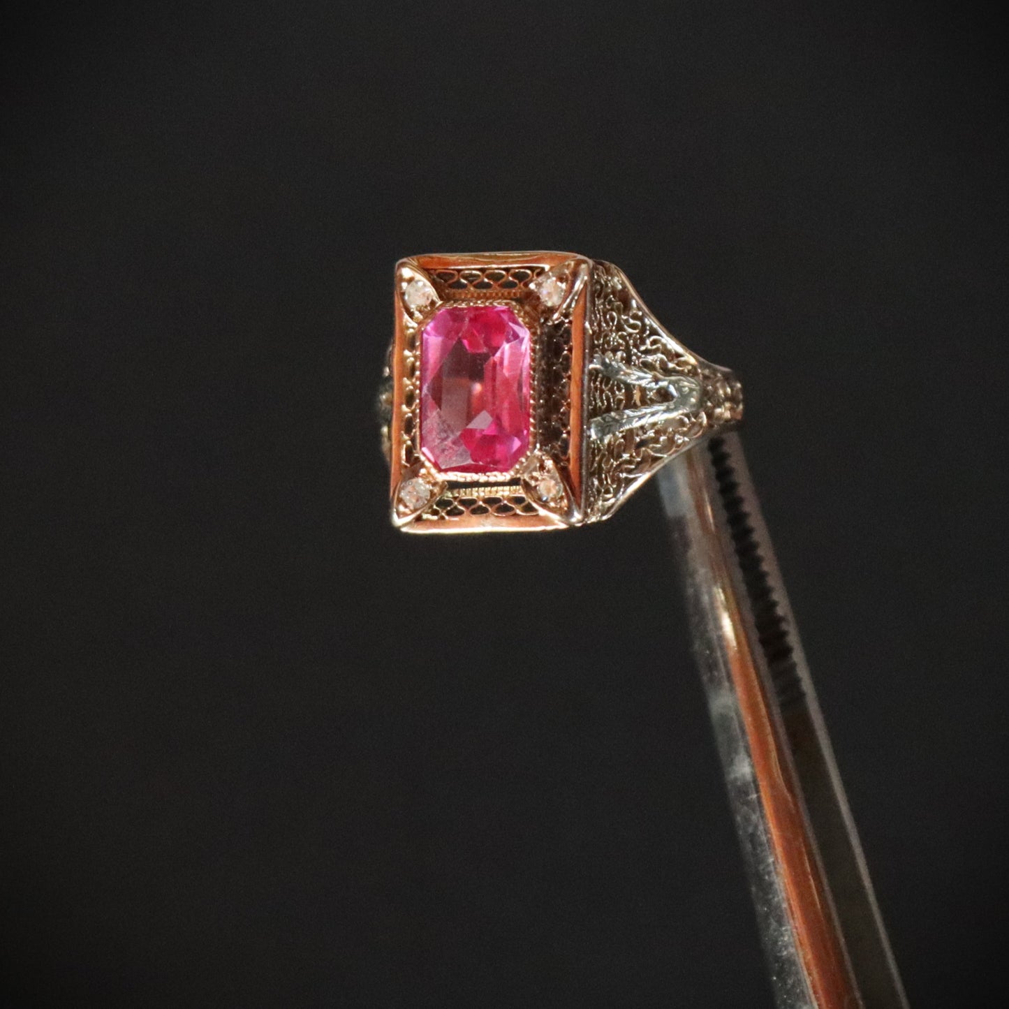 Art Nouveau c1910 Pink Corundum 14k Yellow Gold Filigree Diamond Statement Ring