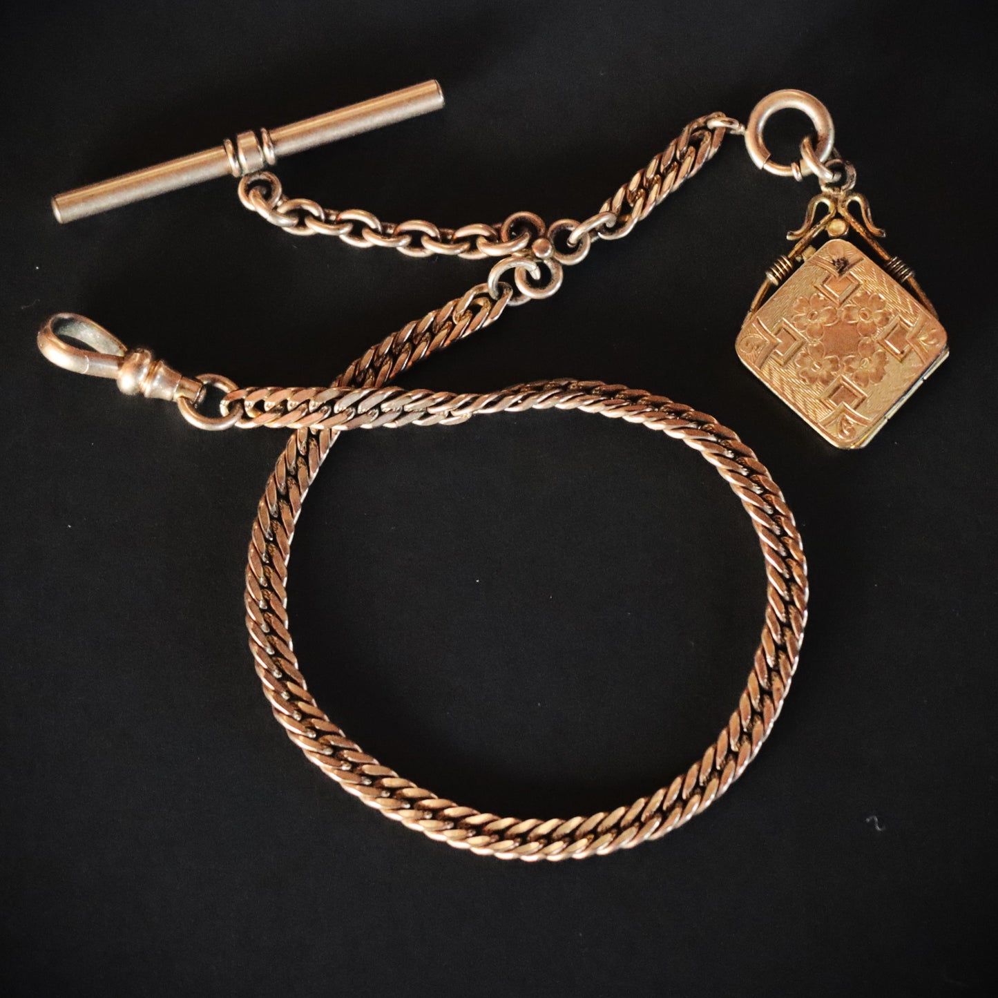 Art Deco Yellow Gold Plate Fancy Pocket Watch Chain Locket Fob Charm and T-Bar c1910-20