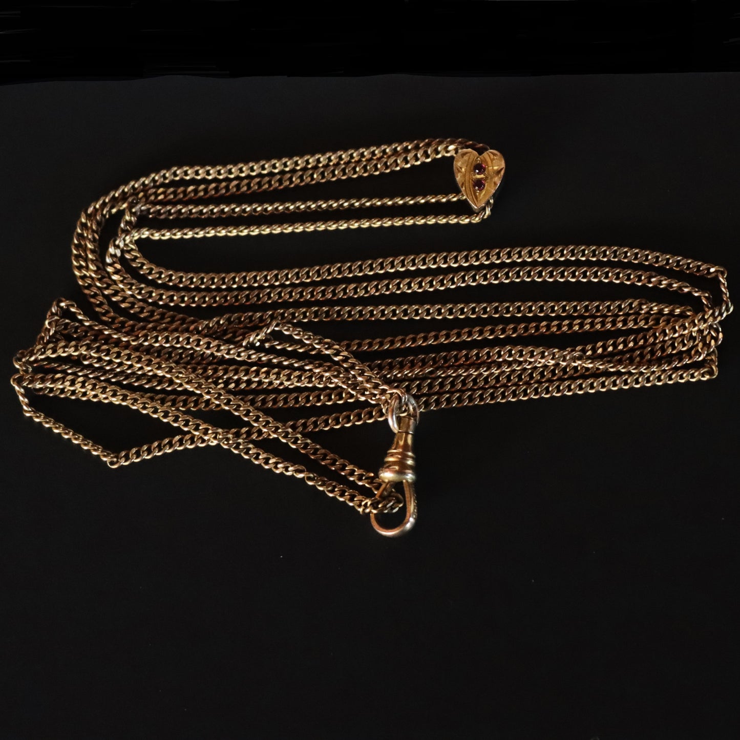 Art Nouveau Gold Plate Ladies Watch Chain with Ruby Set Heart Slide and Swivel Clasp 48"