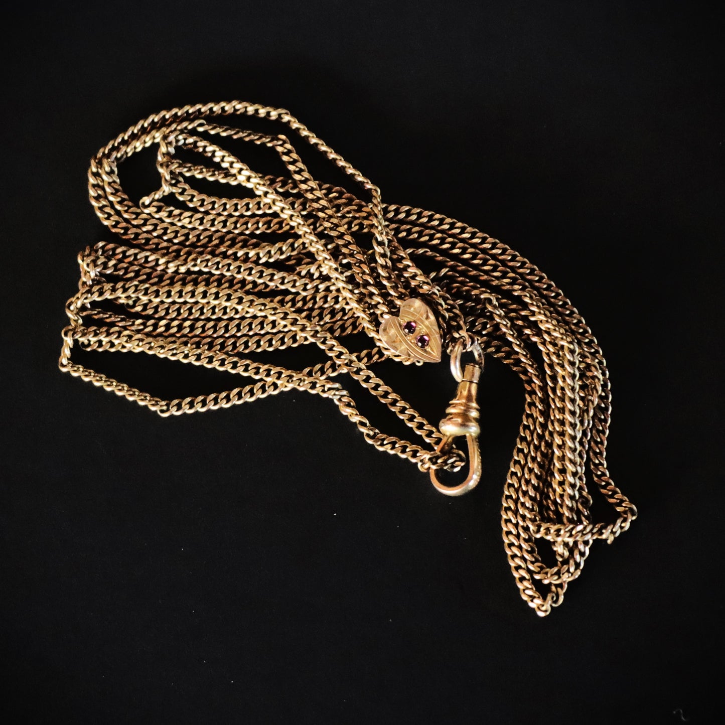 Art Nouveau Gold Plate Ladies Watch Chain with Ruby Set Heart Slide and Swivel Clasp 48"