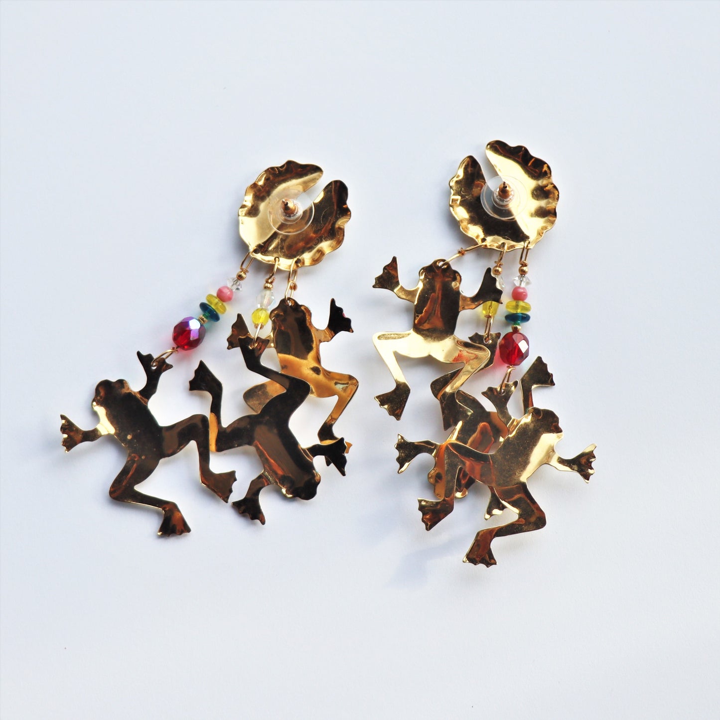 Early Lunch at the Ritz Gold Tone Rare White Enamel Bead 1988 Frog Earrings