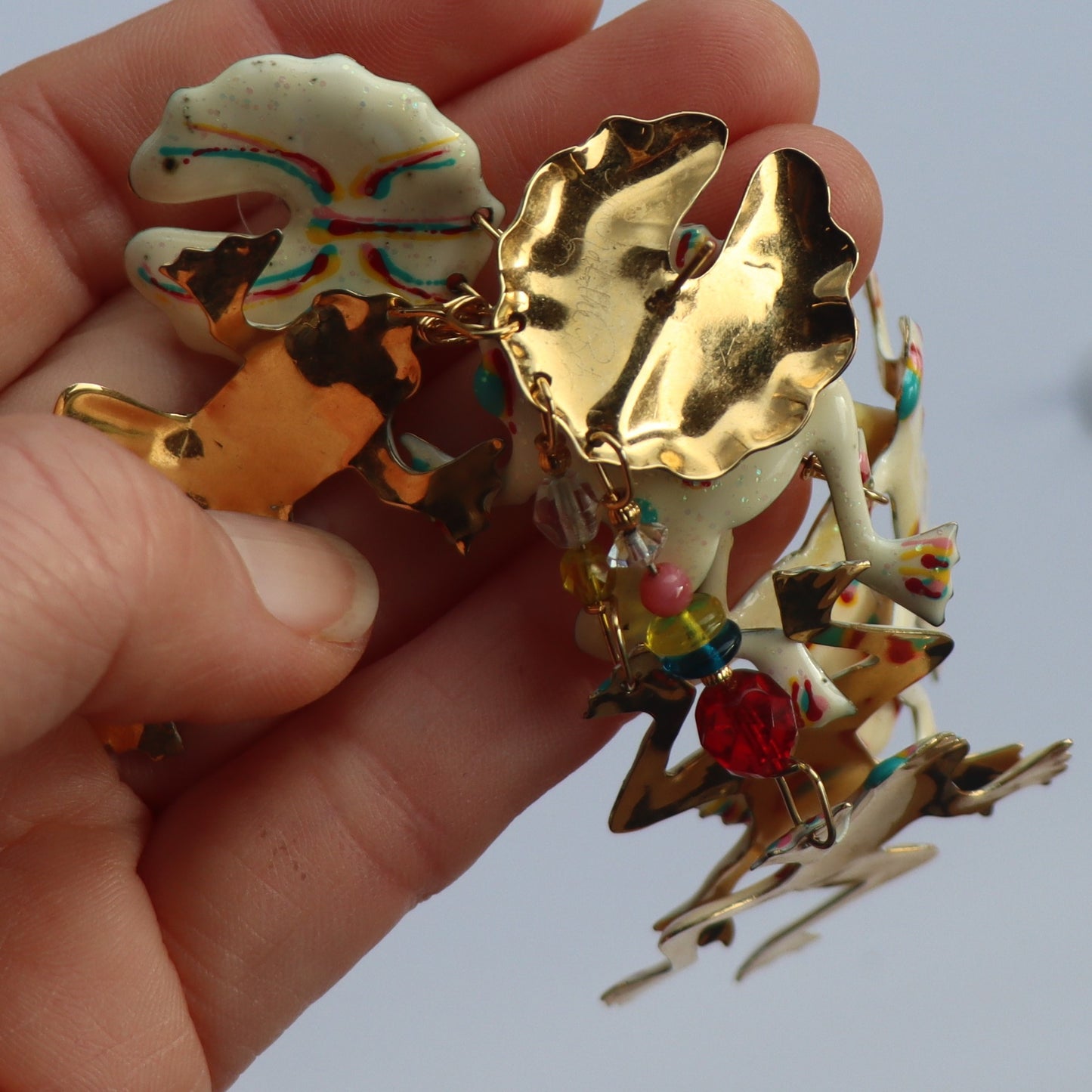 Early Lunch at the Ritz Gold Tone Rare White Enamel Bead 1988 Frog Earrings