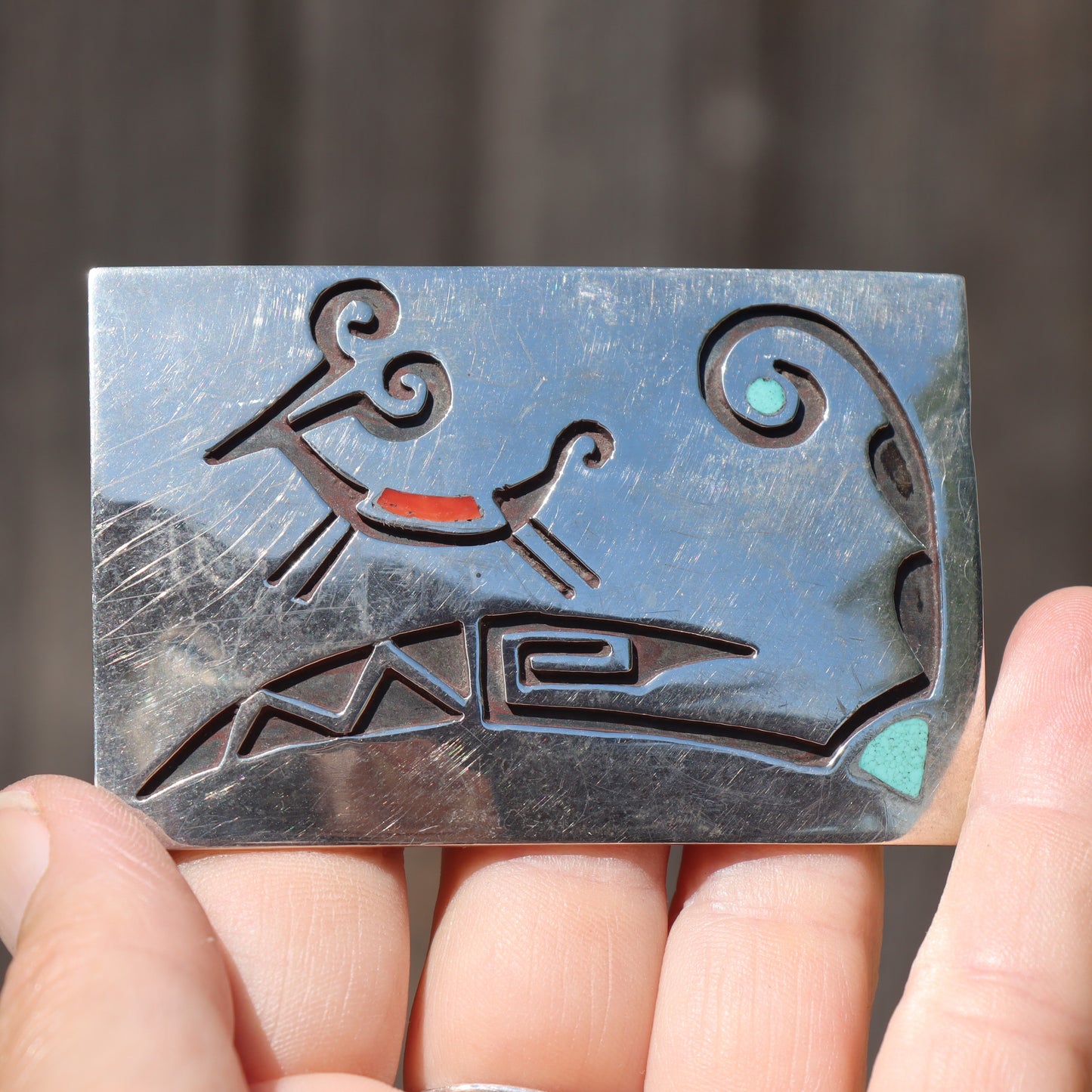 Vintage Hopi Overlay style Zuni Sterling Silver Inlaid Antelope Totem Belt Buckle