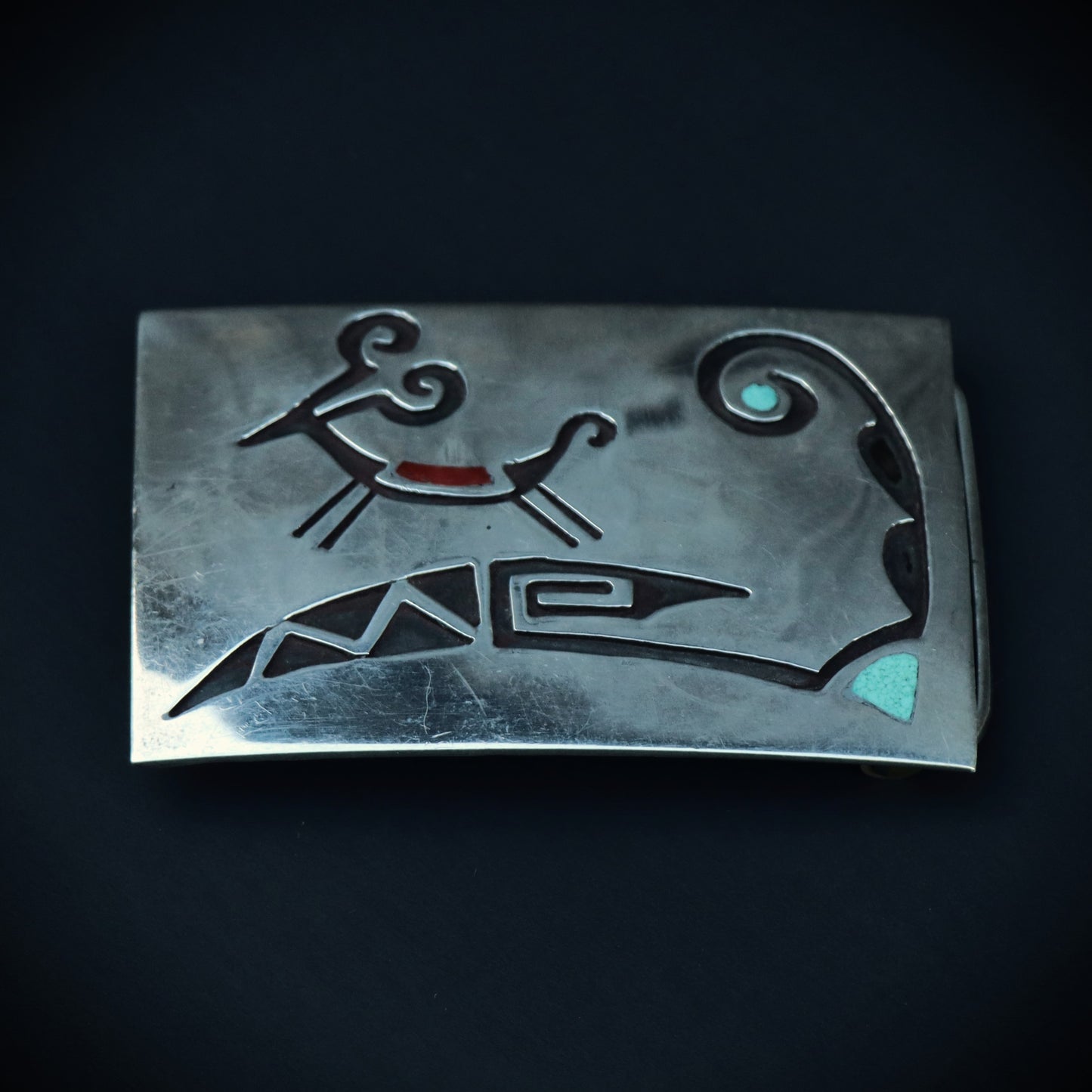 Vintage Hopi Overlay style Zuni Sterling Silver Inlaid Antelope Totem Belt Buckle