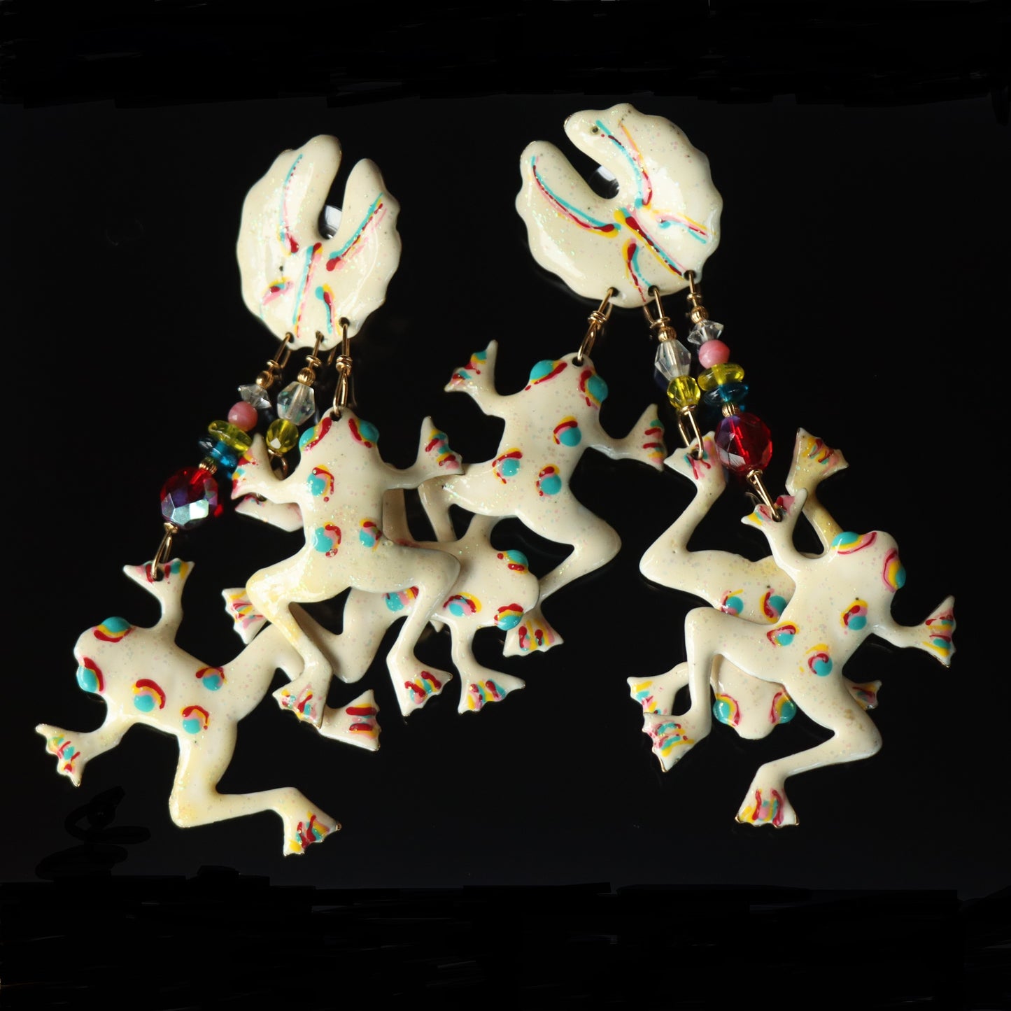 Early Lunch at the Ritz Gold Tone Rare White Enamel Bead 1988 Frog Earrings