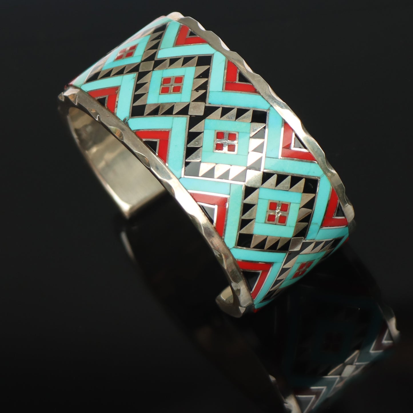 Vintage Allen Brown Navajo Silver Turquoise Red Dog Onyx Inlaid Cuff Bracelet