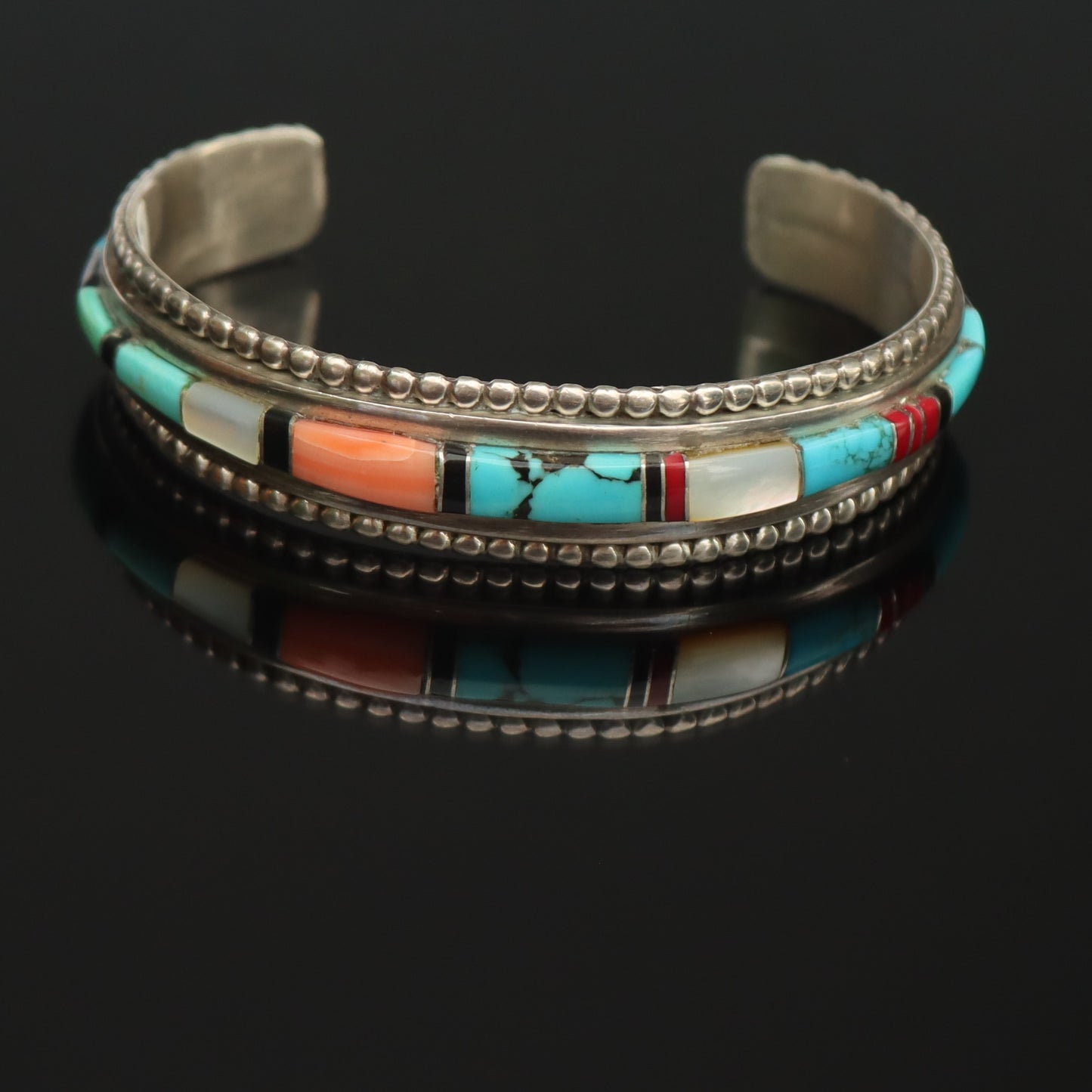 Mid Century Navajo Sterling Silver Multi Stone Inlaid Cuff Bracelet Dean Brown