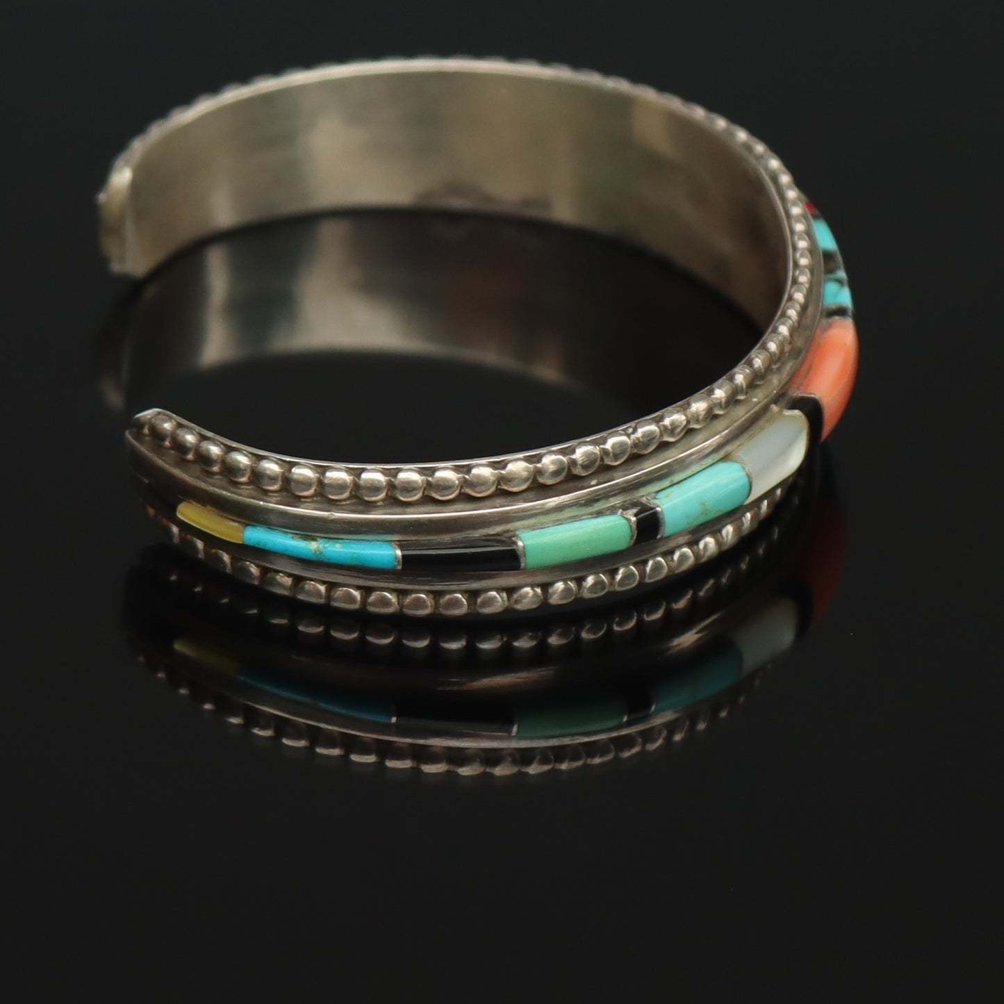 Mid Century Navajo Sterling Silver Multi Stone Inlaid Cuff Bracelet Dean Brown
