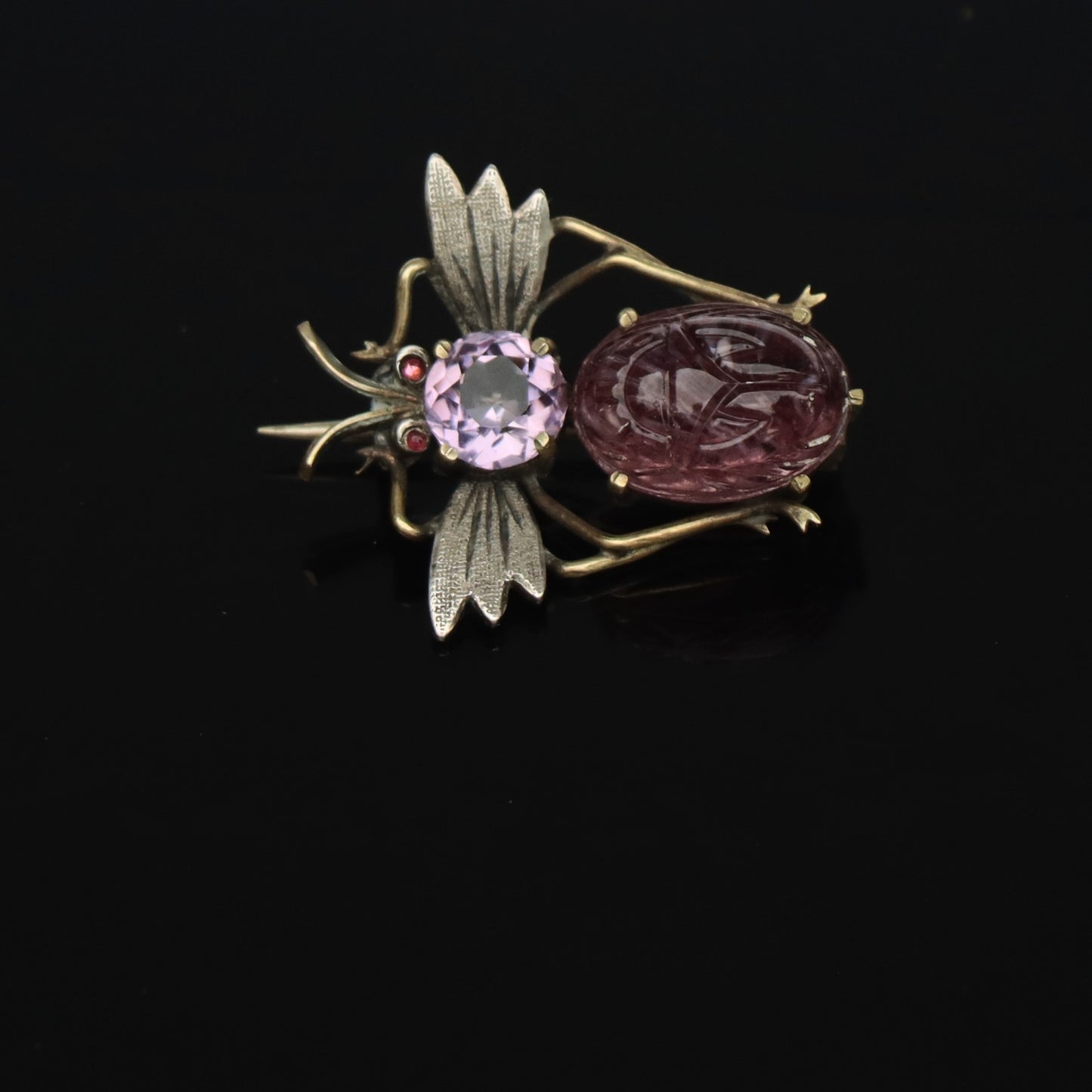 Victorian Sterling Gold Vermeil Amethyst Carved Scarab Egyptian Revival Brooch