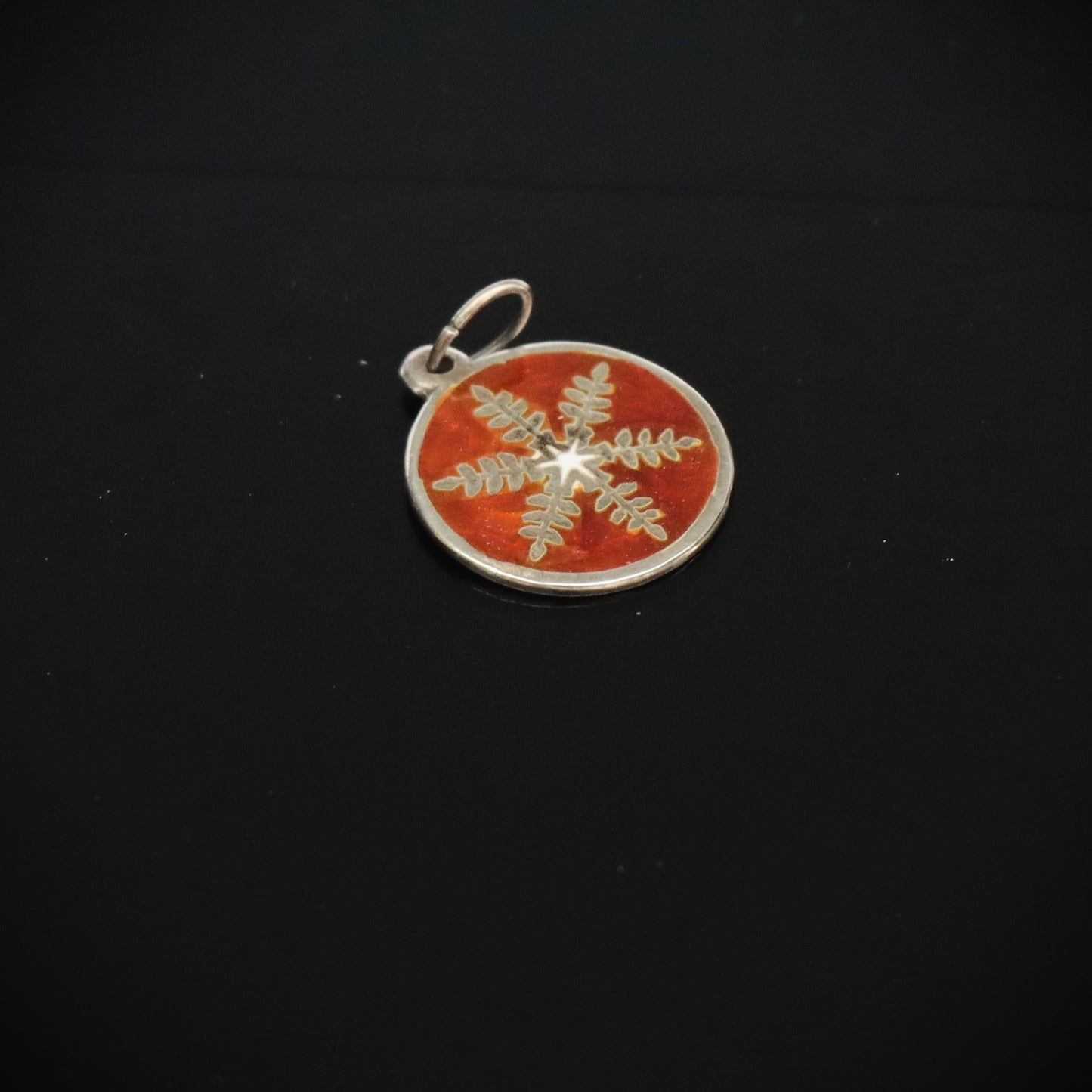 Vintage Mid Century Sterling Silver Orange Enamel Snowflake Charm