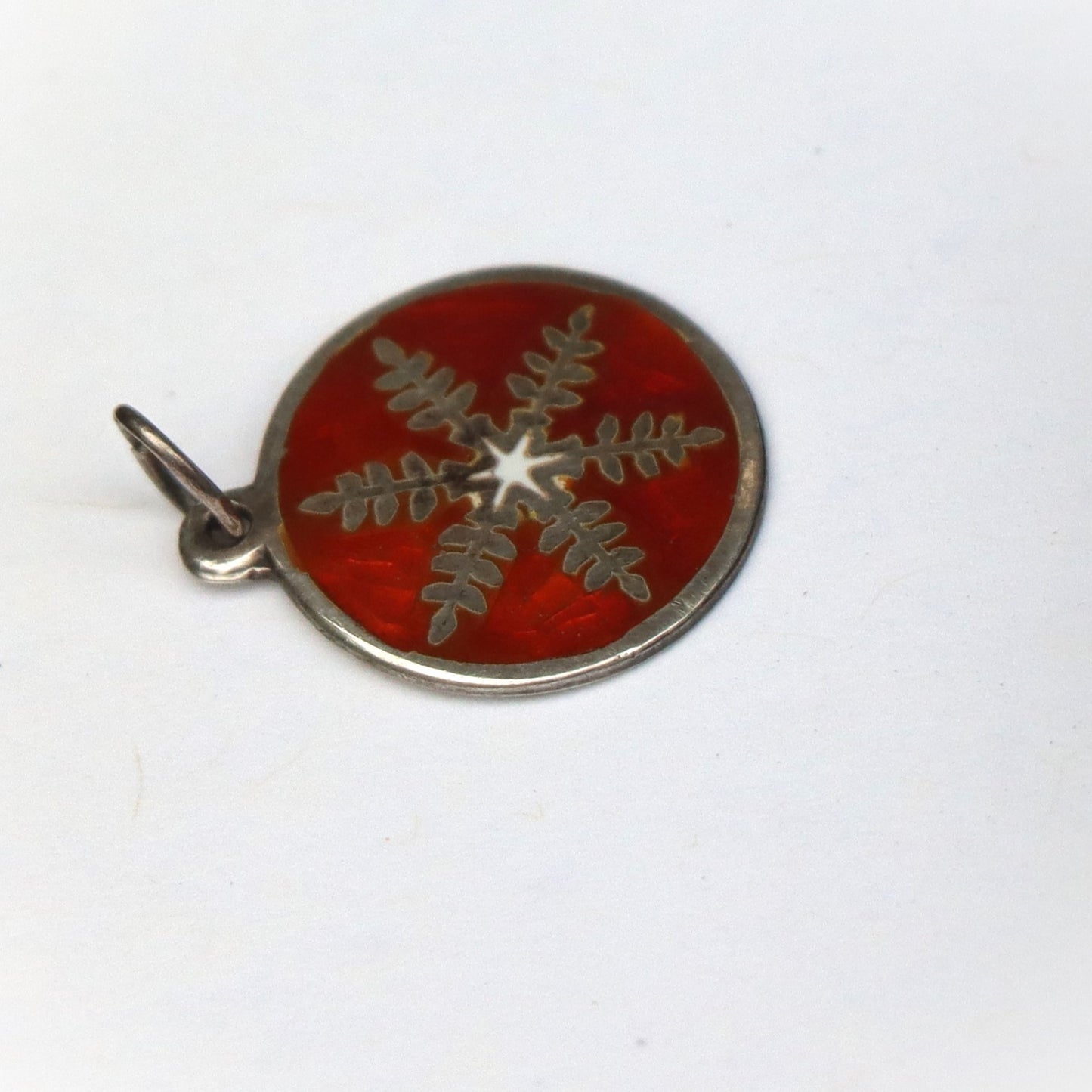 Vintage Mid Century Sterling Silver Orange Enamel Snowflake Charm
