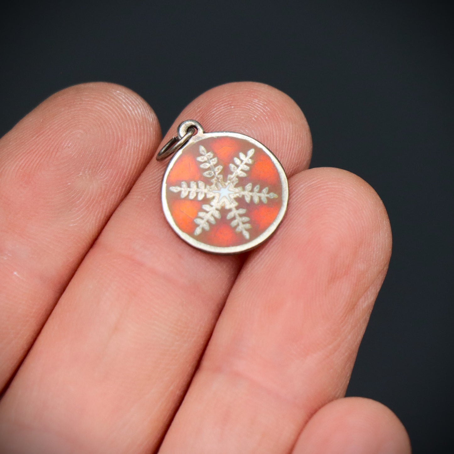 Vintage Mid Century Sterling Silver Orange Enamel Snowflake Charm