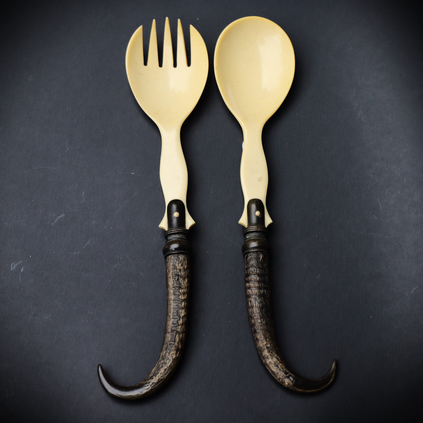 Vintage Art Deco Horn and Celluloid Small Salad Servers c1930
