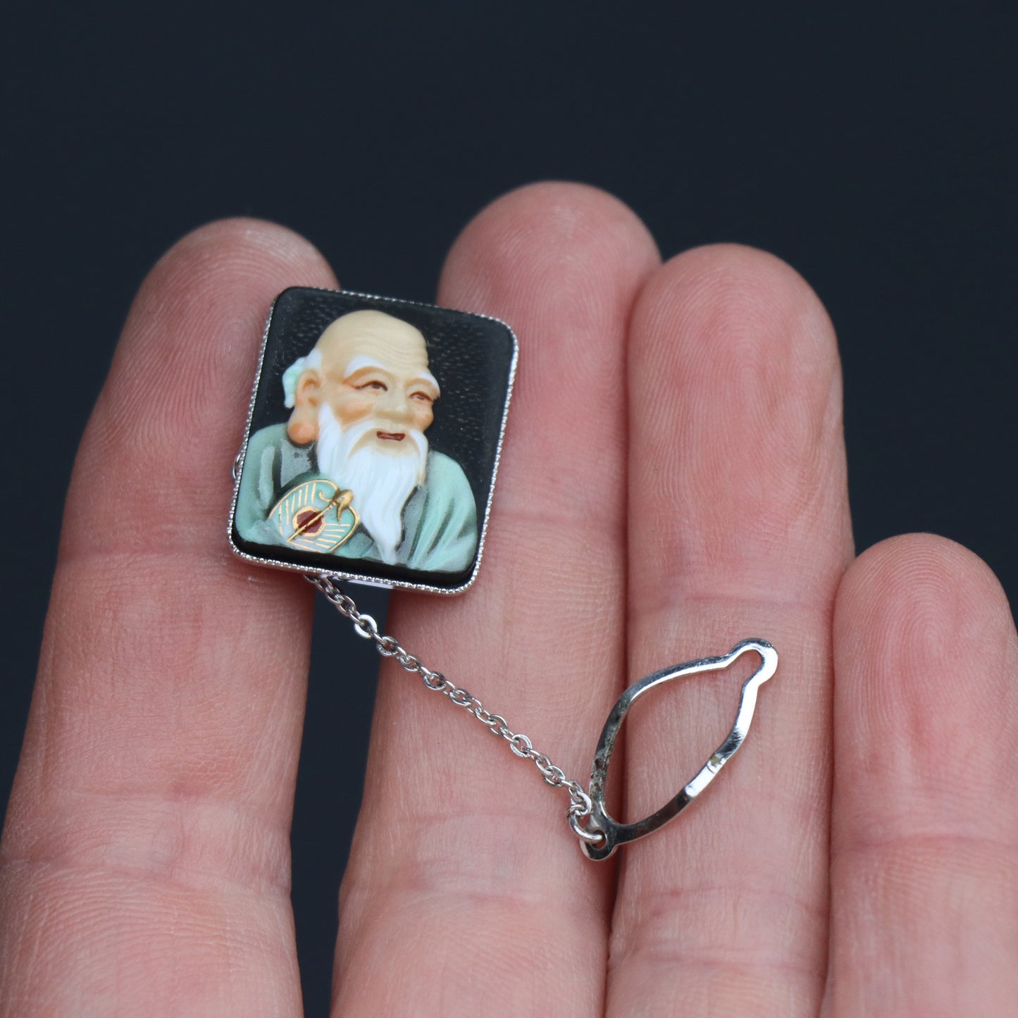 Vintage Japanese Toshikane Rhodium Plate Wise Man Tie Tack Fukurokuju c1950