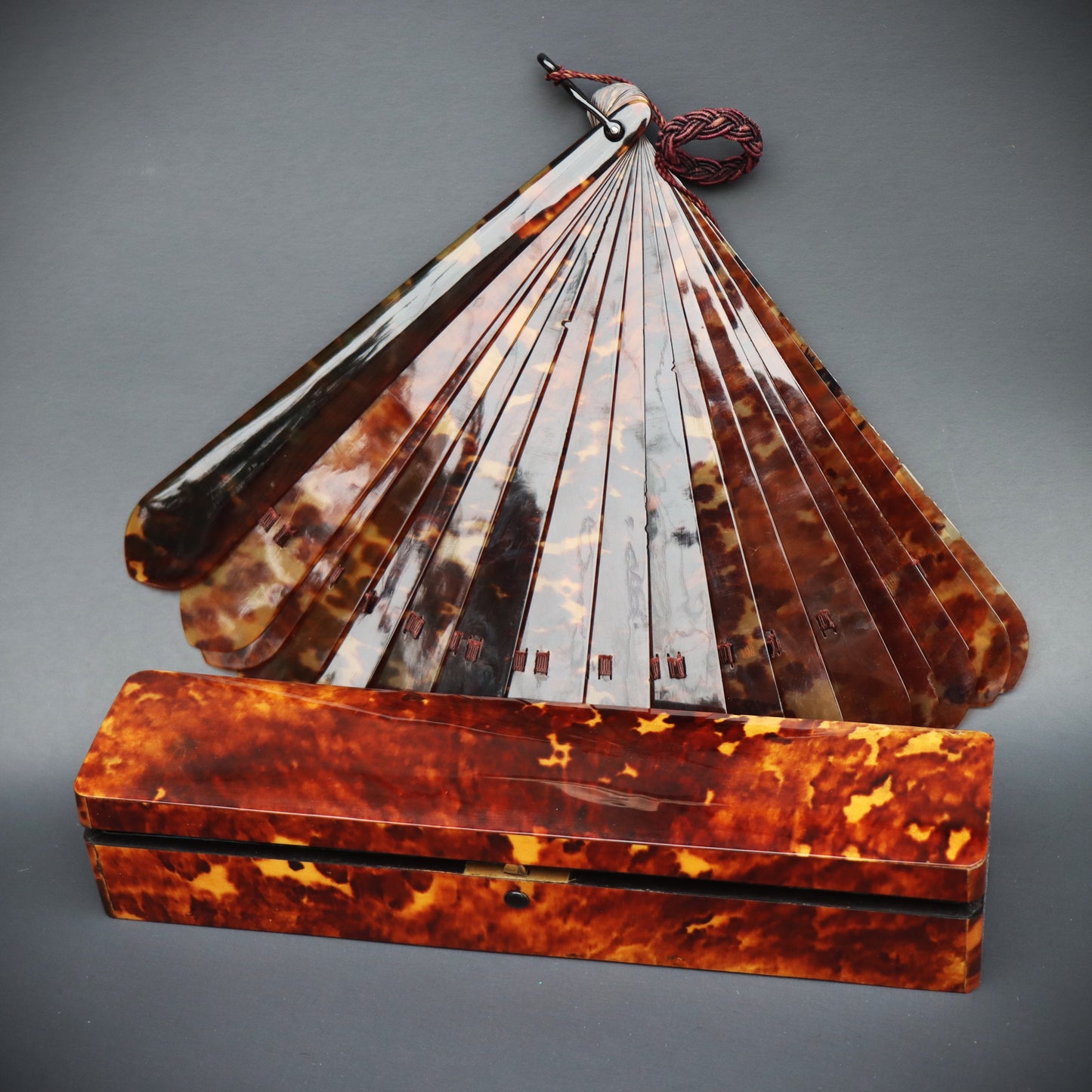 Antique Tortoise Shell Fan in Original Fitted Case c1900