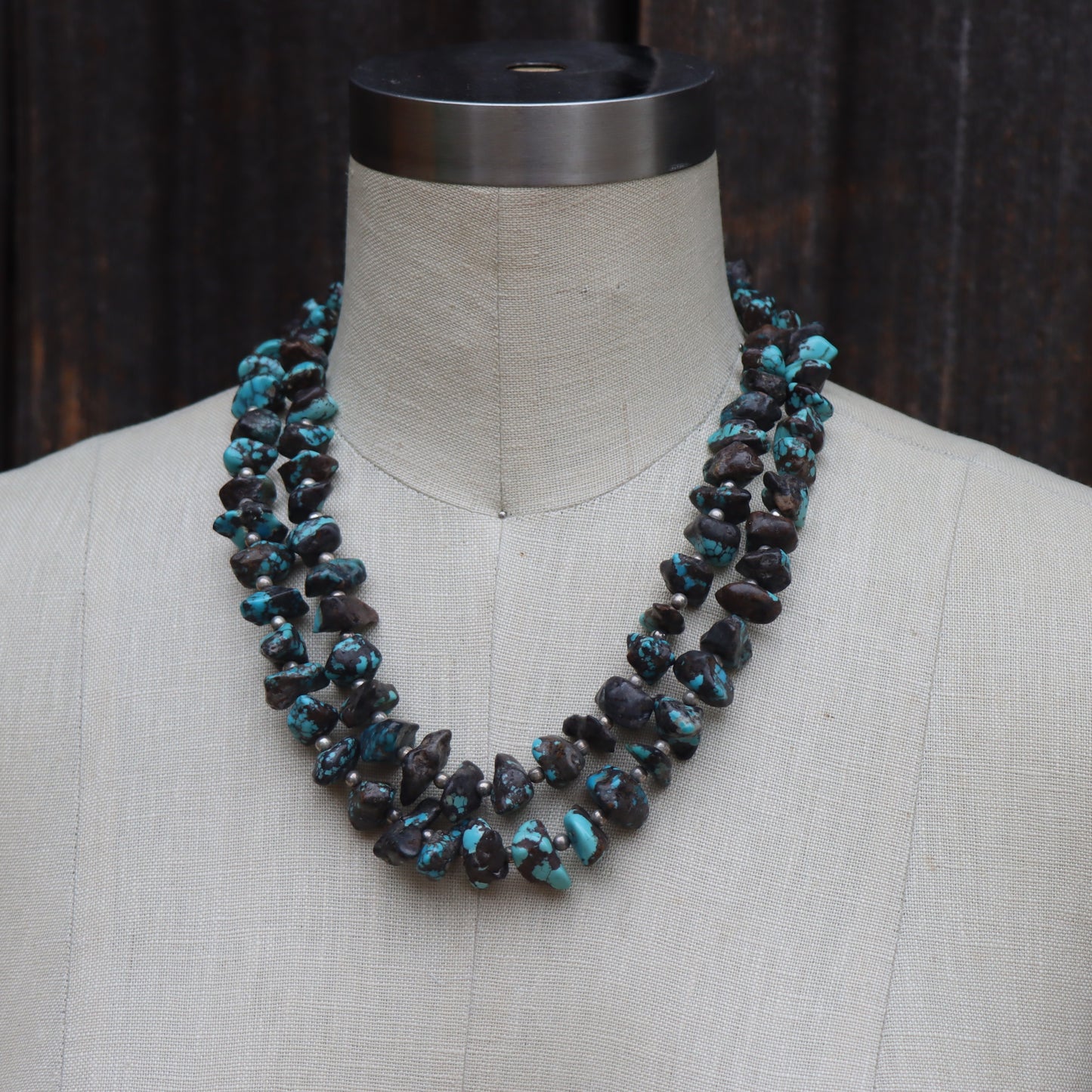 Vintage Santo Domingo Sterling Silver Turquoise Rough Polished Nugget Double Strand Necklace