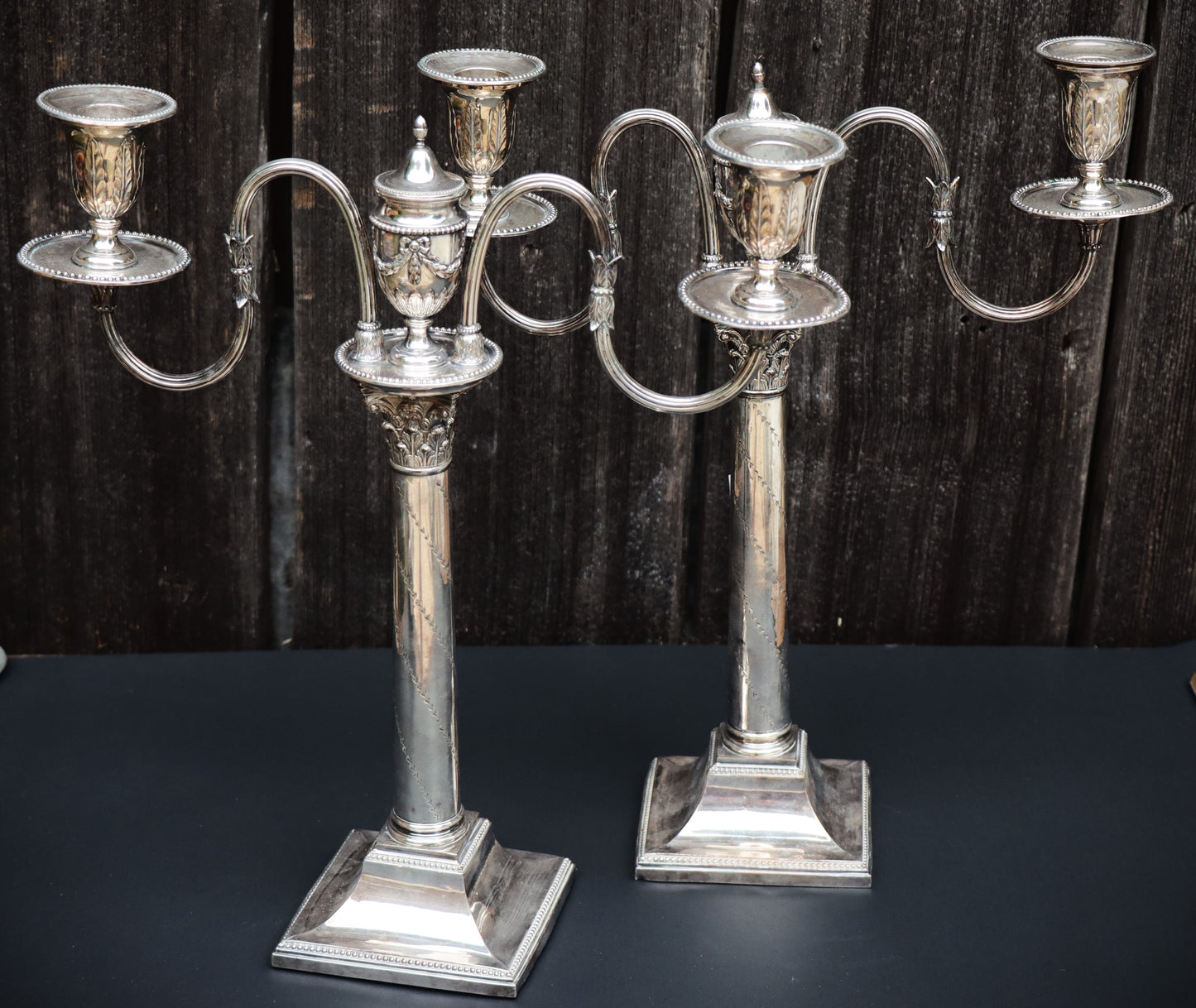 Pair Antique Georgian George III Silver on Copper Corinthian Column Two Arm Candelabra Candlesticks