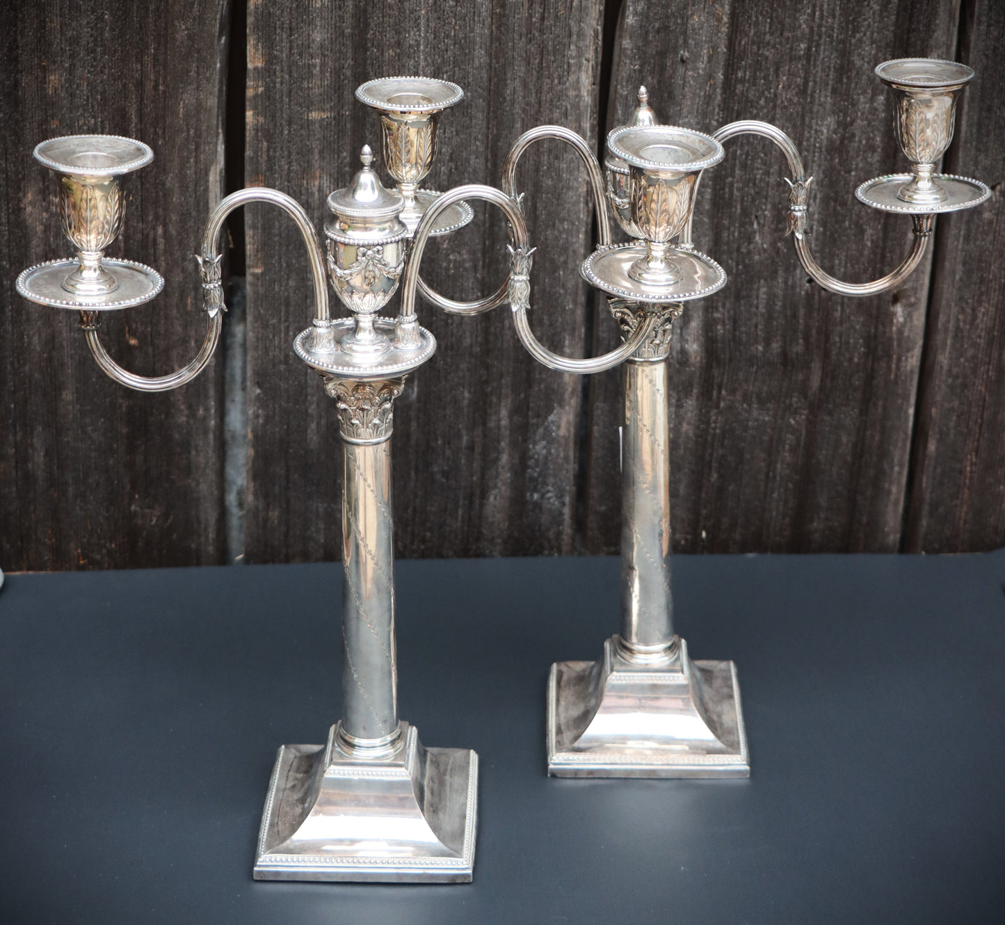 Pair Antique Georgian George III Silver on Copper Corinthian Column Two Arm Candelabra Candlesticks