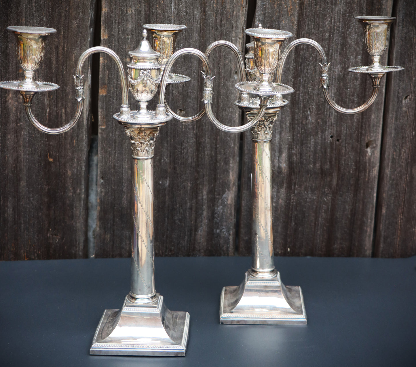 Pair Antique Georgian George III Silver on Copper Corinthian Column Two Arm Candelabra Candlesticks