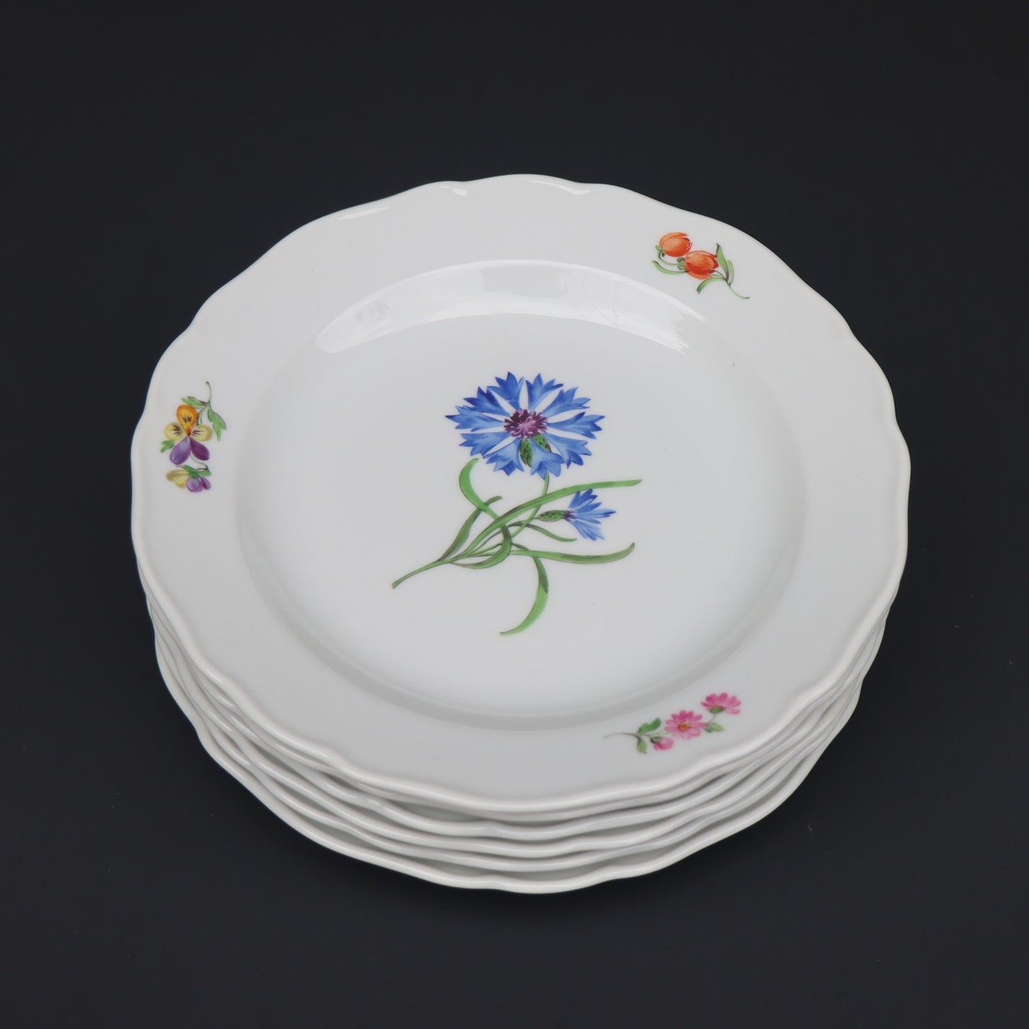 Antique Meissen 19thc Set 6 Porcelain Multi Motif Flower 7" Salad Plates